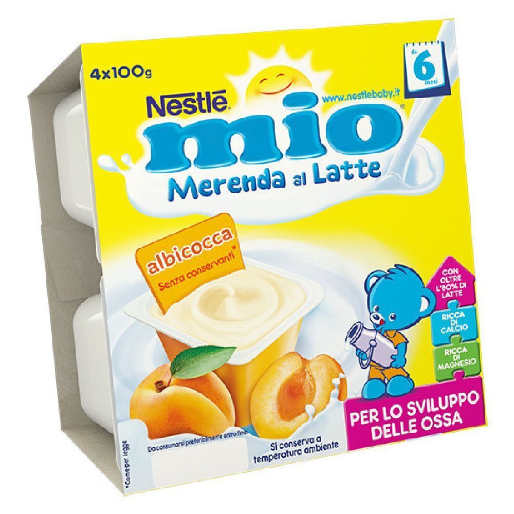 Confezione con 4 vasetti bianchi. Scatola gialla con logo, nome prodotto, illustrazione albicocche e testo. Contiene latte, calcio e magnesio.