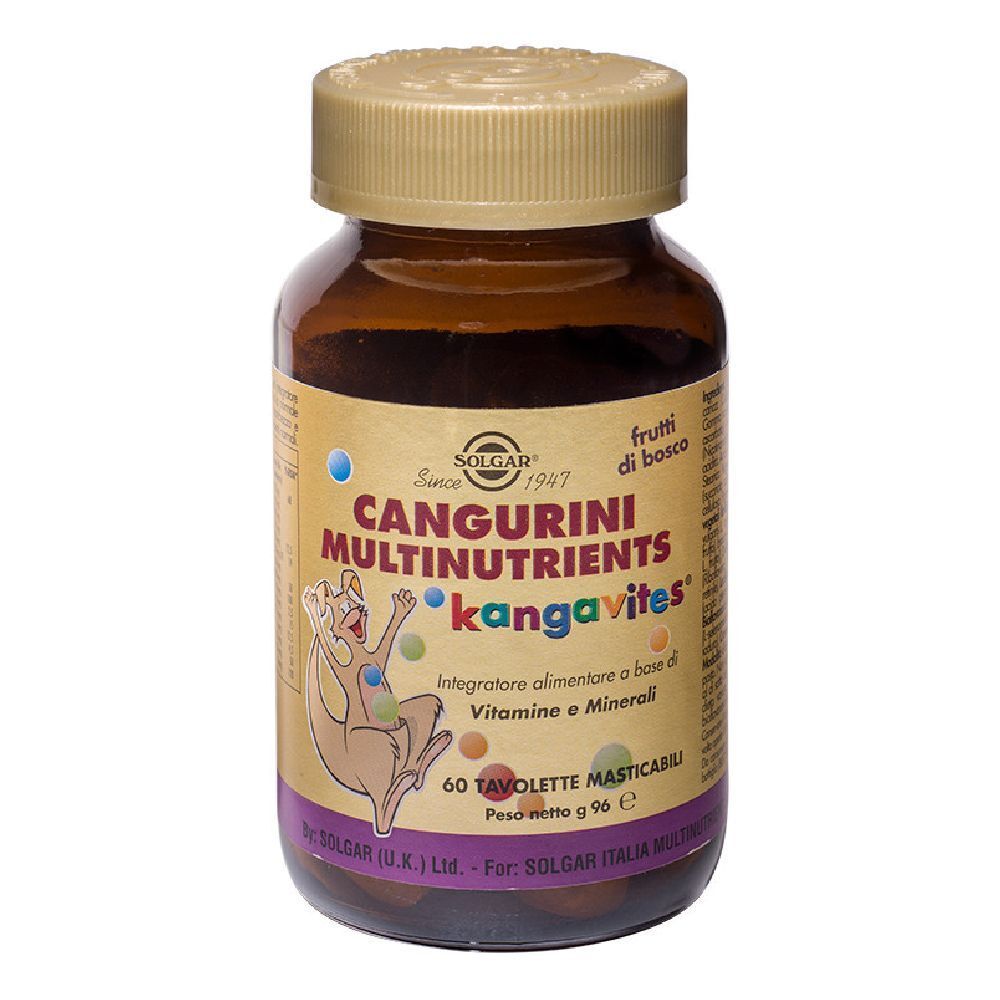 Flacone marrone SOLGAR Cangurini Multinutrient kangavites. Scritta: 60 compresse. Con coperchio.