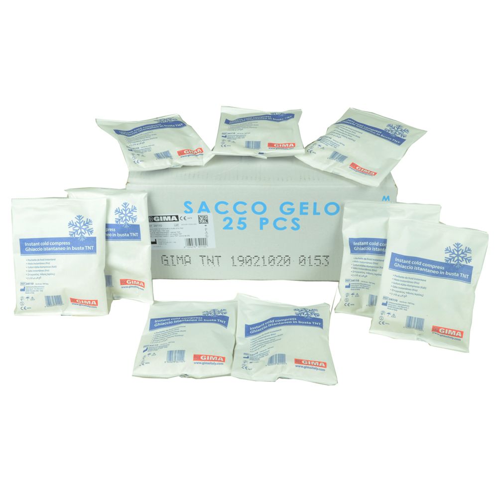 Scatola con 25 compresse bianche. Stampa: Sacco Gelo, logo GIMA. Singole compresse intorno alla scatola.