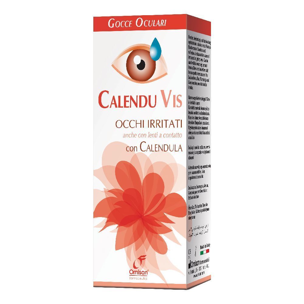 Confezione CALENDU VIS. Illustrazione occhio con goccia. Testo: Occhi Irritati con Calendula. Logo Omisan.