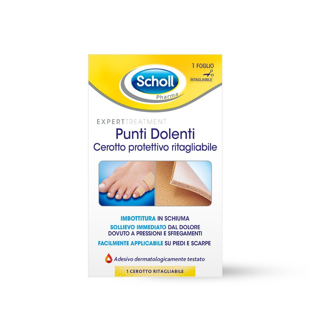 Confezione di cerotti Scholl. Testo: 'Punti Dolenti Cerotto protettivo ritagliabile'. Piede con cerotto. Imbottitura in schiuma.