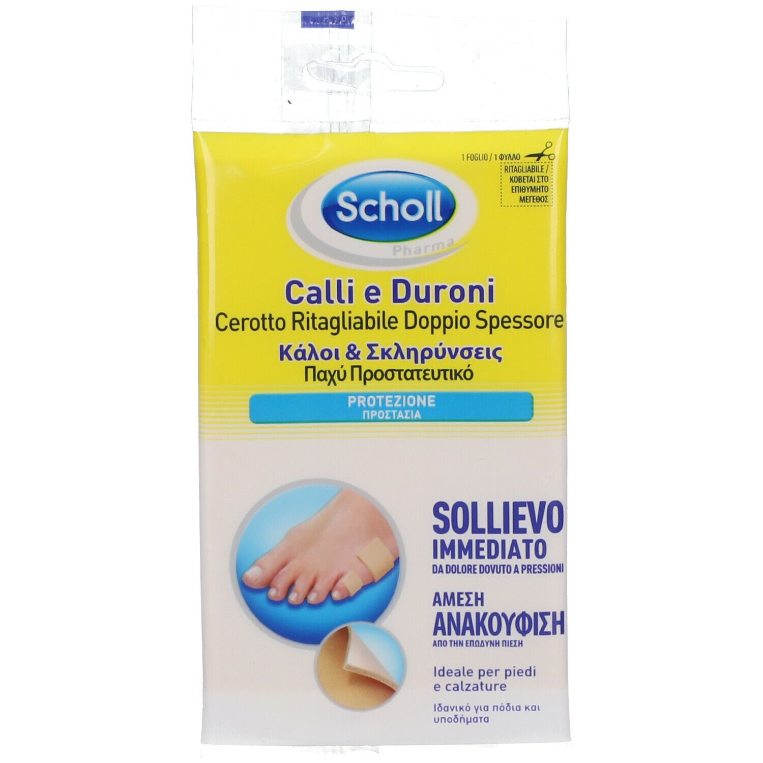 Confezione di cerotti Scholl. Testo: 'Calli e Duroni Cerotto Ritagliabile Doppio Spessore'. Piede con cerotto. Doppio spessore.