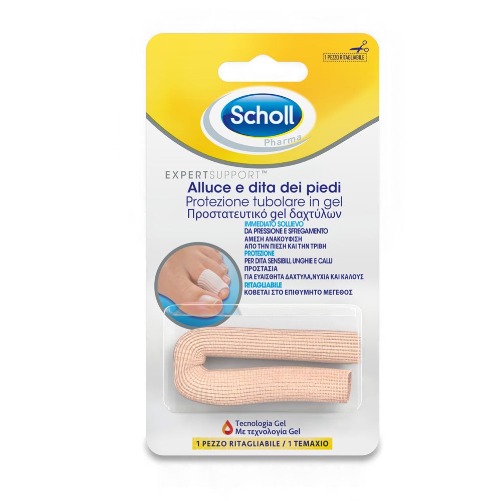 Scholl® Protezione Tubolare in Gel. Tubo in gel per dita. Beige, in confezione. Visibili: marchio, nome prodotto, testo.