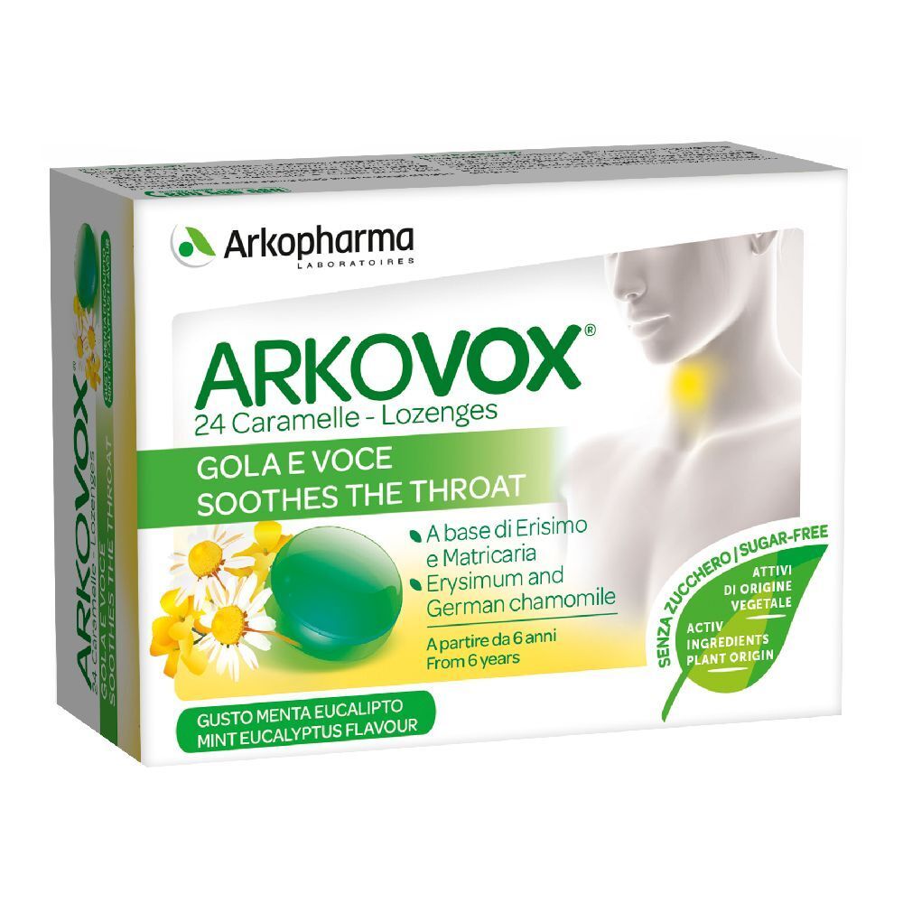 Schachtel mit Arkopharma Arkovox®-Lutschtabletten. Grün-weiße Verpackung mit Produktnamen und Illustration.