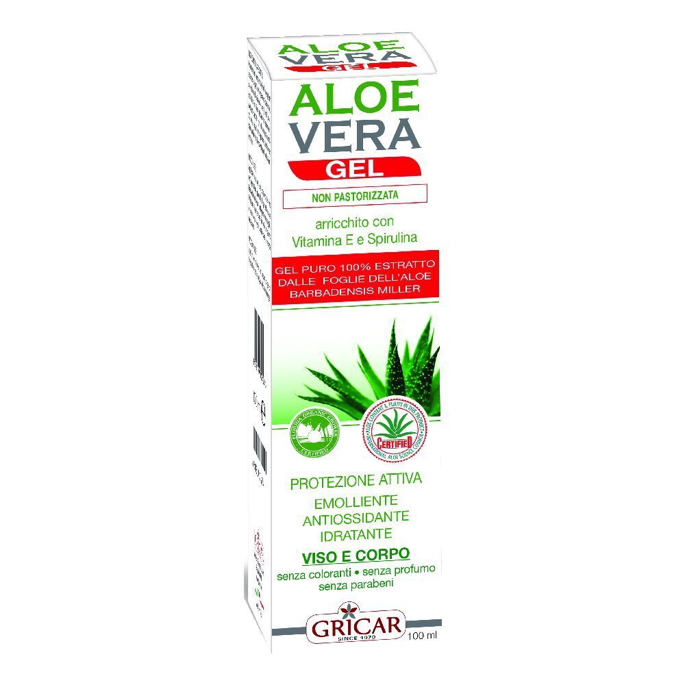 Confezione di gel all'Aloe Vera. Bianca, verde e rossa. Testo: Aloe Vera Gel, non pastorizzato. Contiene vitamina E e spirulina.