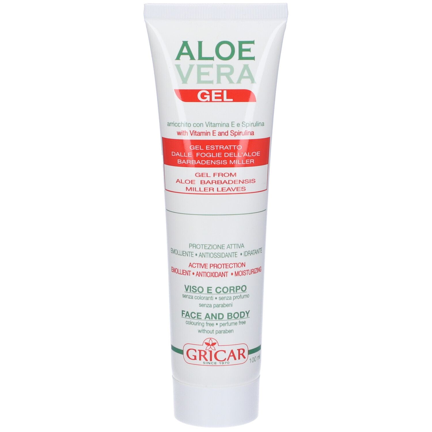 Tubo di gel all'Aloe Vera. Bianco con accenti verdi e rossi. Testo: Aloe Vera Gel, con vitamina E e spirulina. Per viso e corpo.