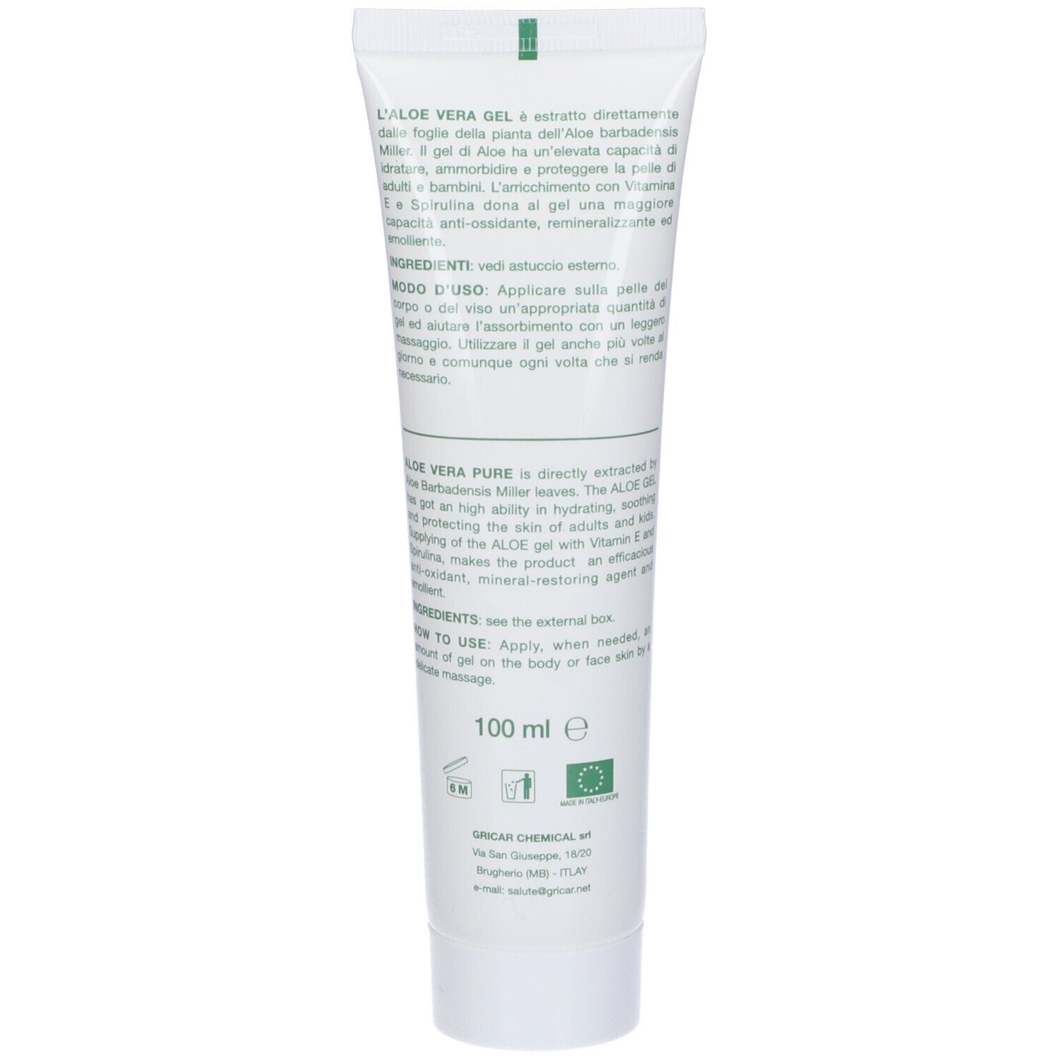 Retro del tubo di gel all'Aloe Vera. Testo: Ingredienti, istruzioni per l'uso. Contiene 100 ml. Marchio: Gricar.