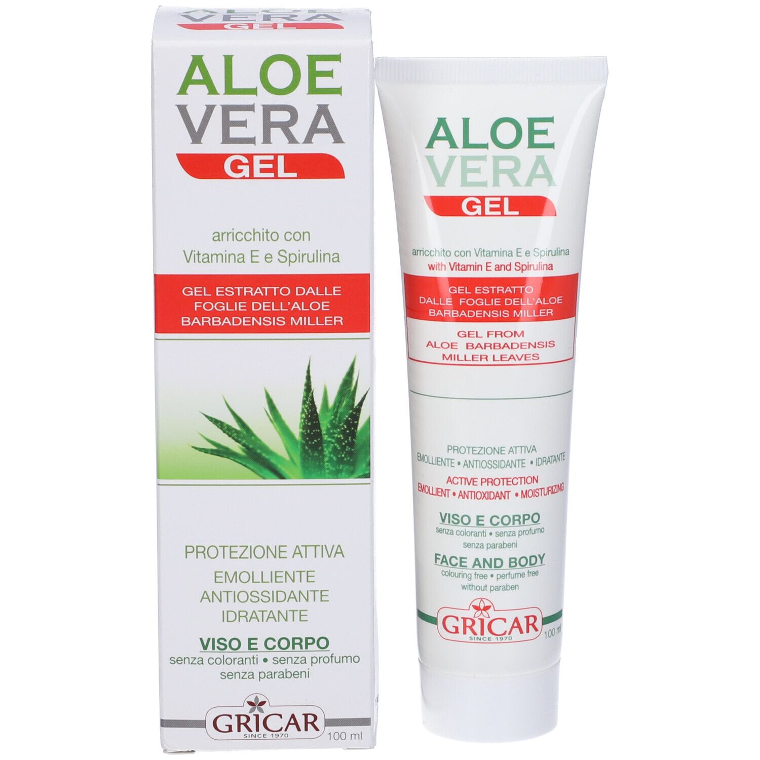 Confezione e tubo di gel all'Aloe Vera. Bianco, verde e rosso. Testo: Aloe Vera Gel, con vitamina E e spirulina. Per viso e corpo.