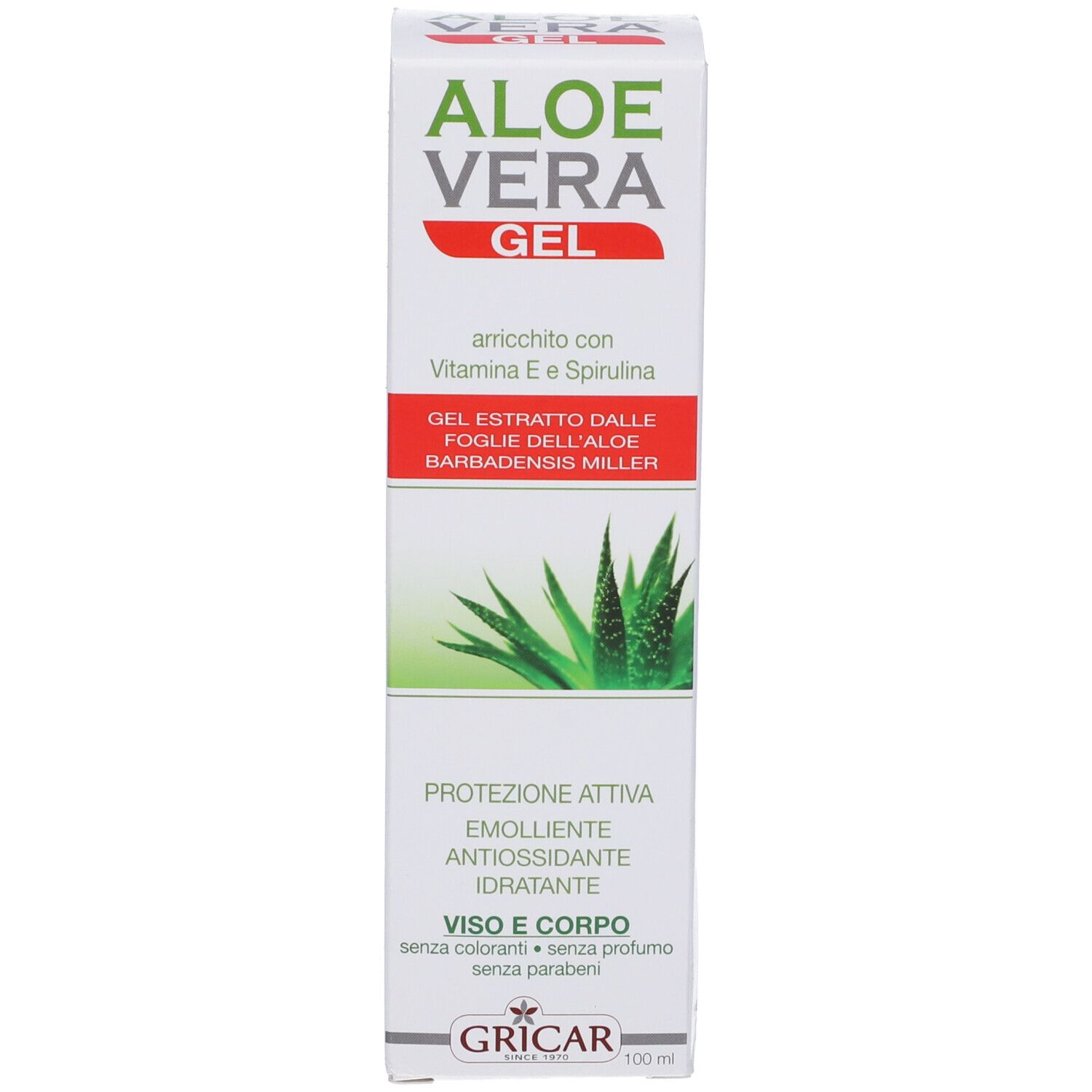 Confezione di gel all'Aloe Vera. Bianca, verde e rossa. Testo: Aloe Vera Gel, con vitamina E e spirulina. Per viso e corpo.