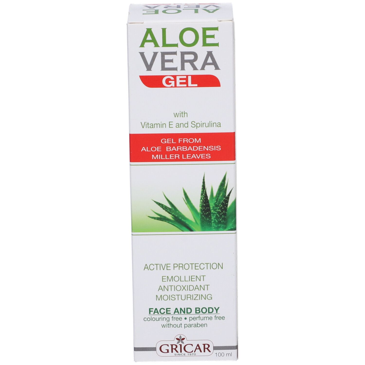 Confezione di gel all'Aloe Vera. Bianca, verde e rossa. Testo: Aloe Vera Gel, con vitamina E e spirulina. Per viso e corpo.