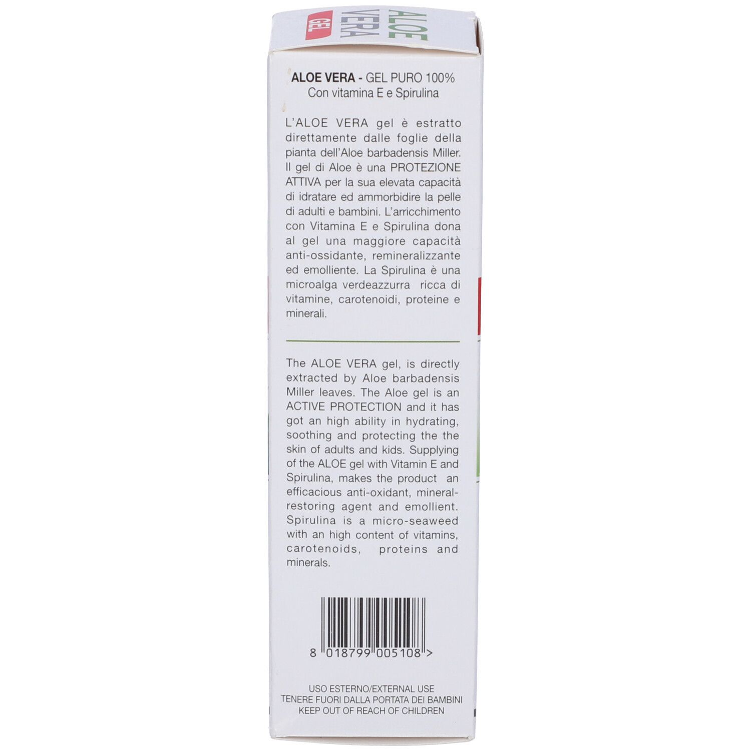 Lato della confezione del gel all'Aloe Vera. Testo: Aloe Vera Gel, 100% puro. Con vitamina E e spirulina. Marchio: Gricar.