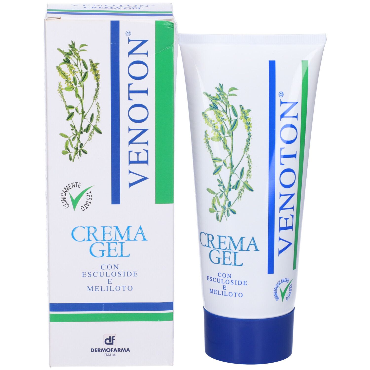 Confezione e tubo. Scritta: Venoton Crema Gel. Confezione verde e bianca, tubo.