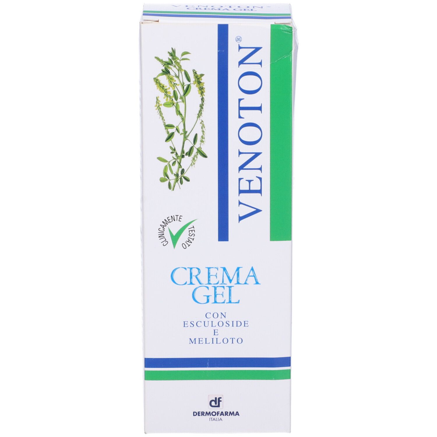Confezione. Scritta: Venoton Crema Gel. Confezione verde e bianca con logo e testo.