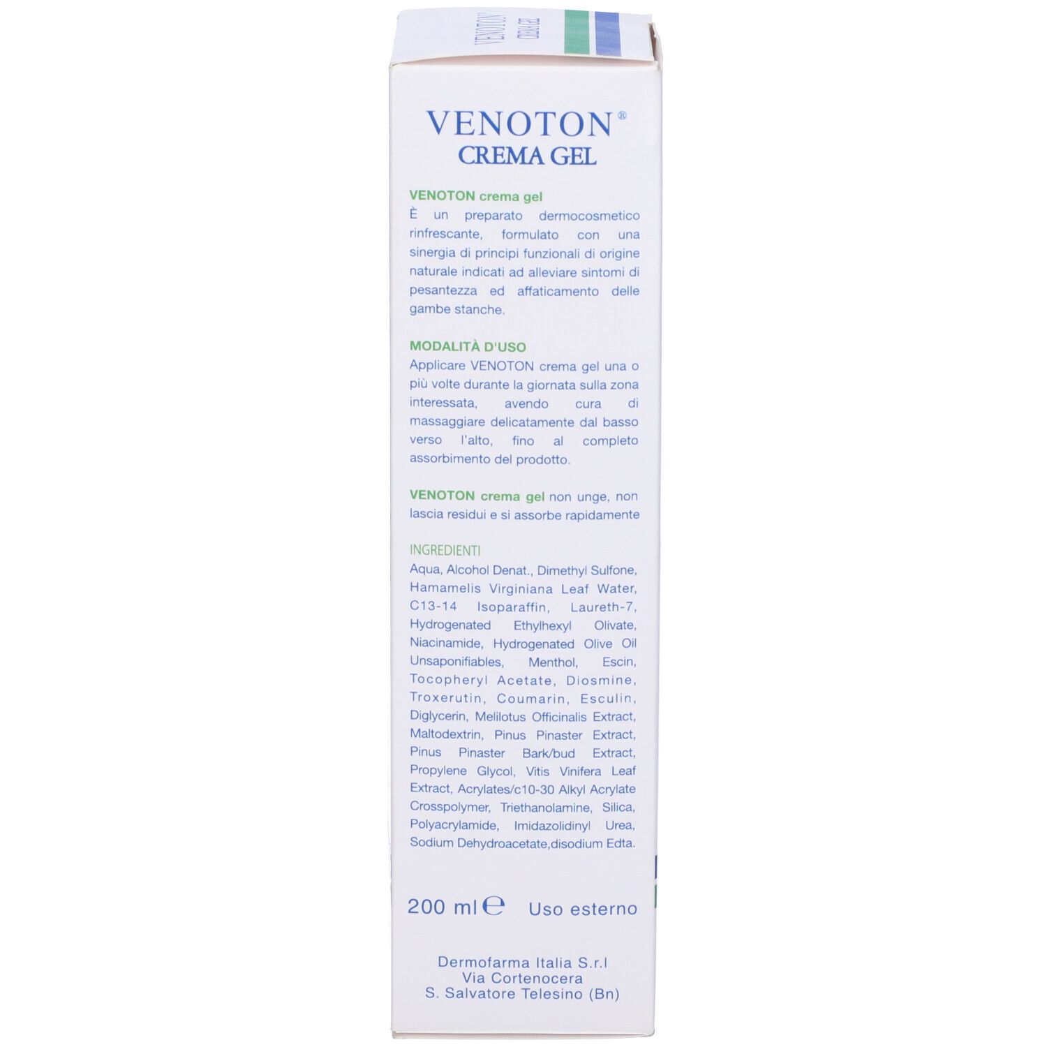 Retro della confezione. Testo: Venoton Crema Gel. Ingredienti e istruzioni per l'uso.