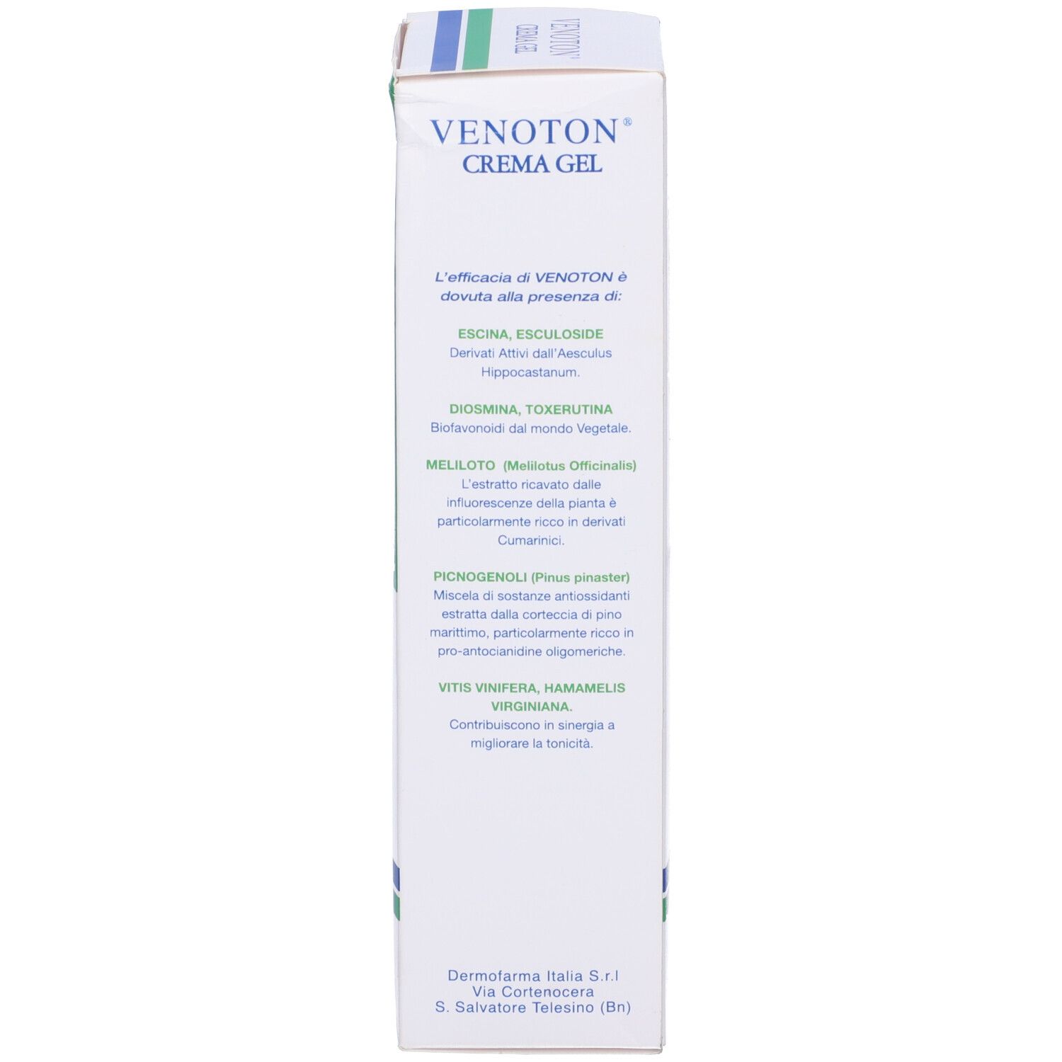 Lato della confezione. Testo: Venoton Crema Gel. Ingredienti attivi e ingredienti.
