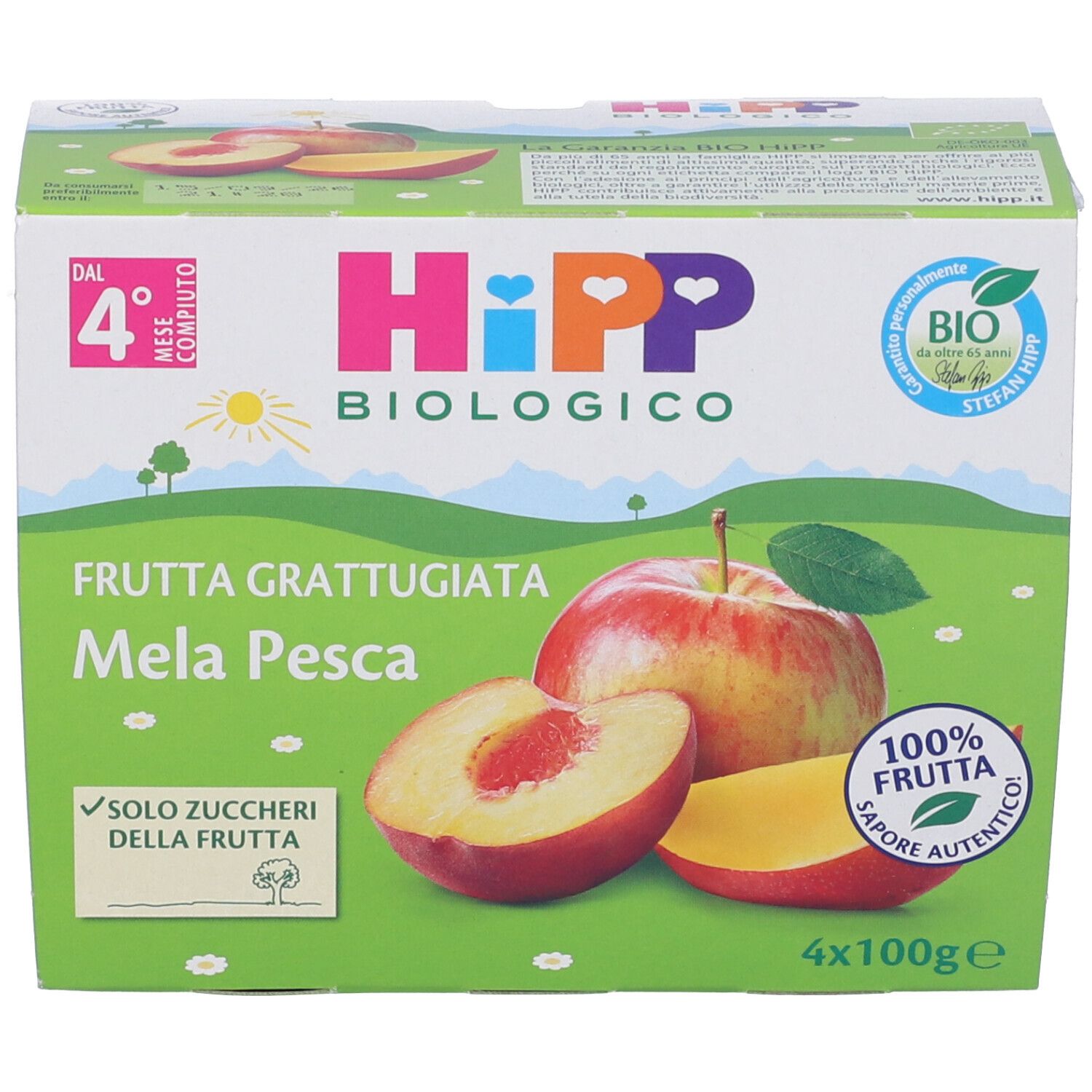 Verpackung mit Hipp Bio Fruchtpüree Apfel Pfirsich. Abbildung von Apfel und Pfirsich. Aufschrift: Biologico, Frutta Grattugiata Mela Pesca.