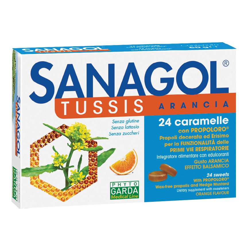 Confezione di Sanagol Tussis Arancia. 24 caramelle. Design arancione con nome del prodotto e illustrazioni.