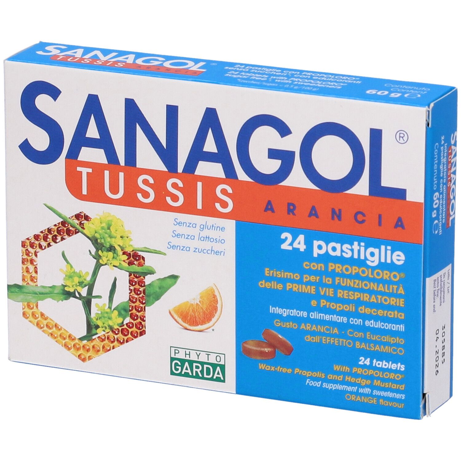 Scatola di Sanagol Tussis Arancia. 24 pastiglie. Design arancione con nome del prodotto e illustrazioni.