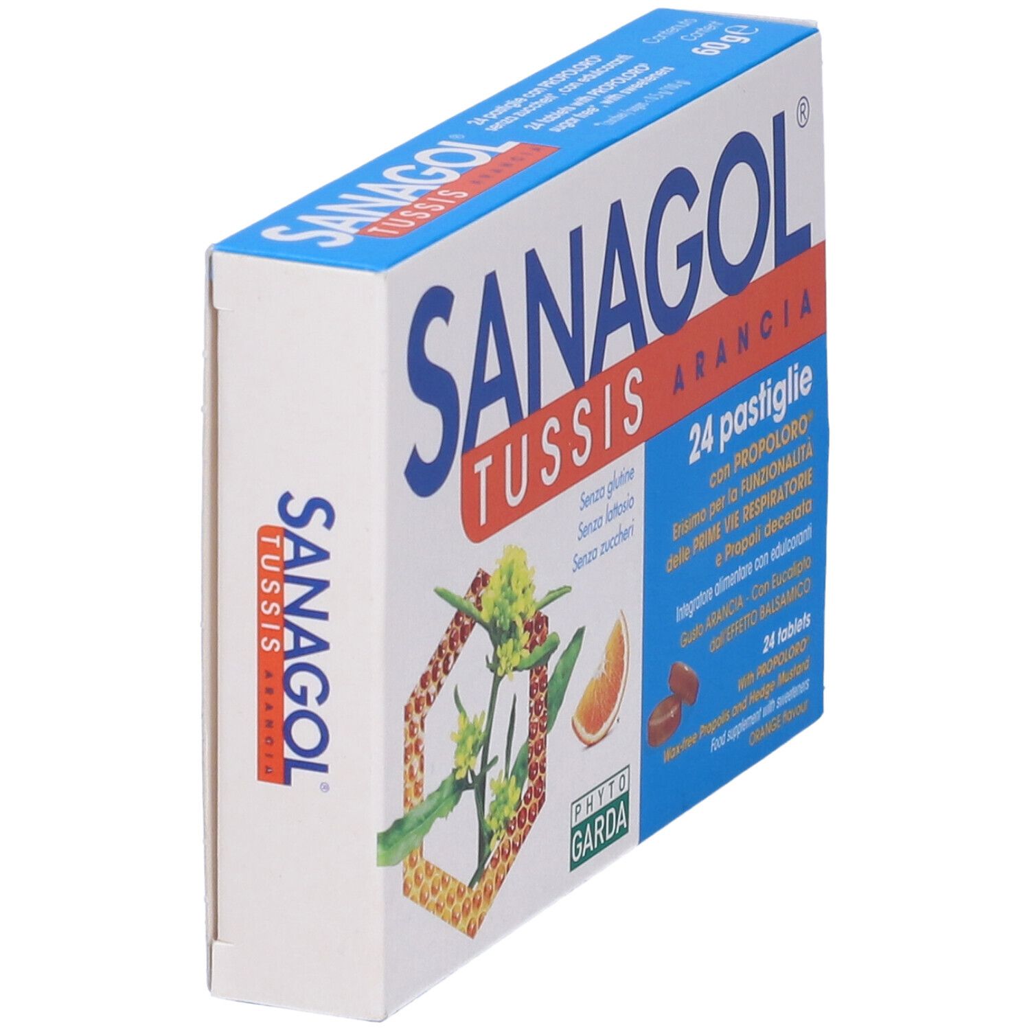 Scatola di Sanagol Tussis Arancia. 24 pastiglie. Design arancione con nome del prodotto e illustrazioni.