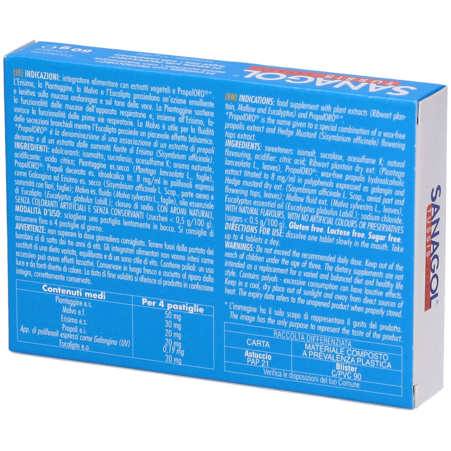 Retro della scatola Sanagol Tussis Arancia. Informazioni testuali, ingredienti e istruzioni per l'uso.