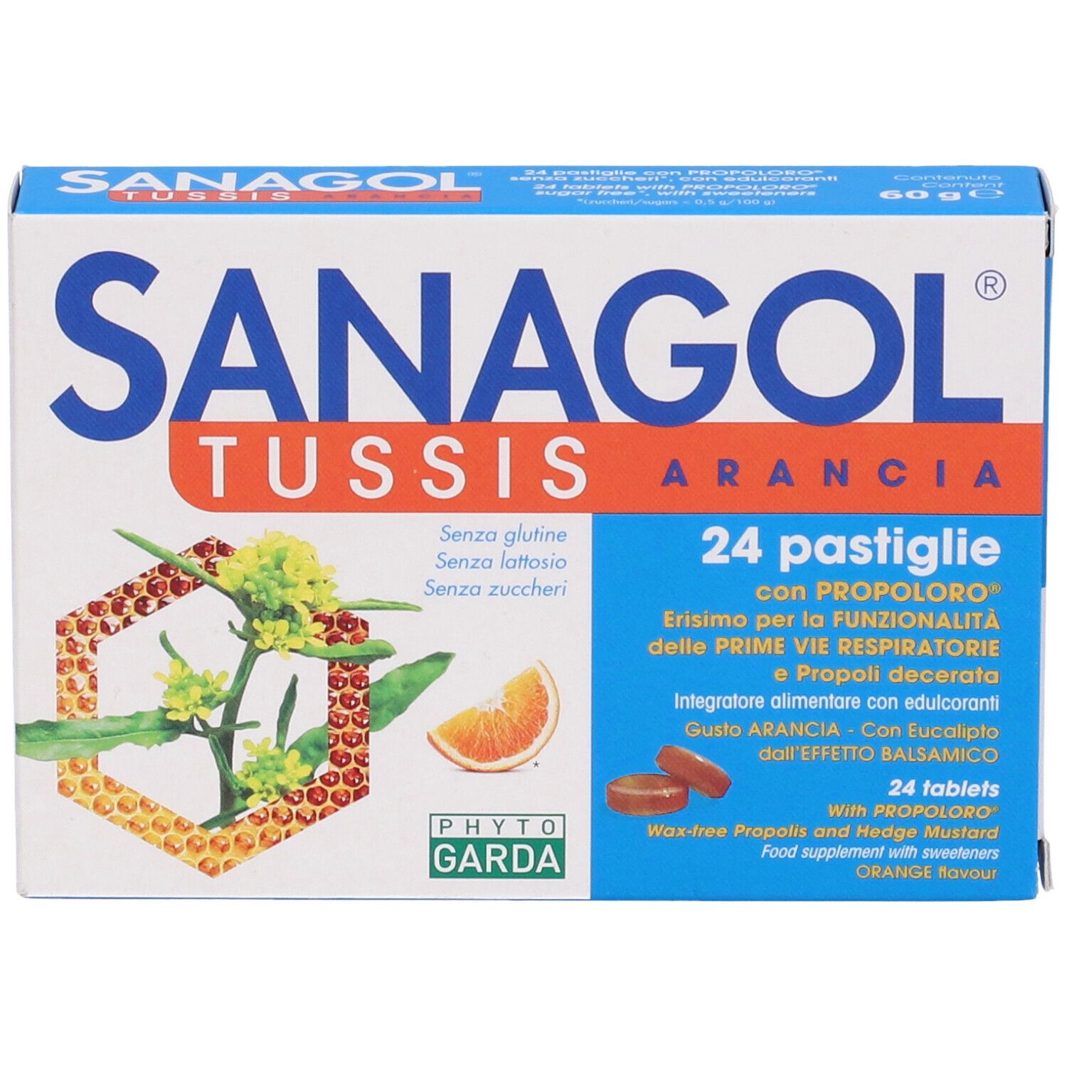 Confezione Sanagol Tussis Arancia. 24 pastiglie. Design arancione con nome del prodotto e illustrazioni.