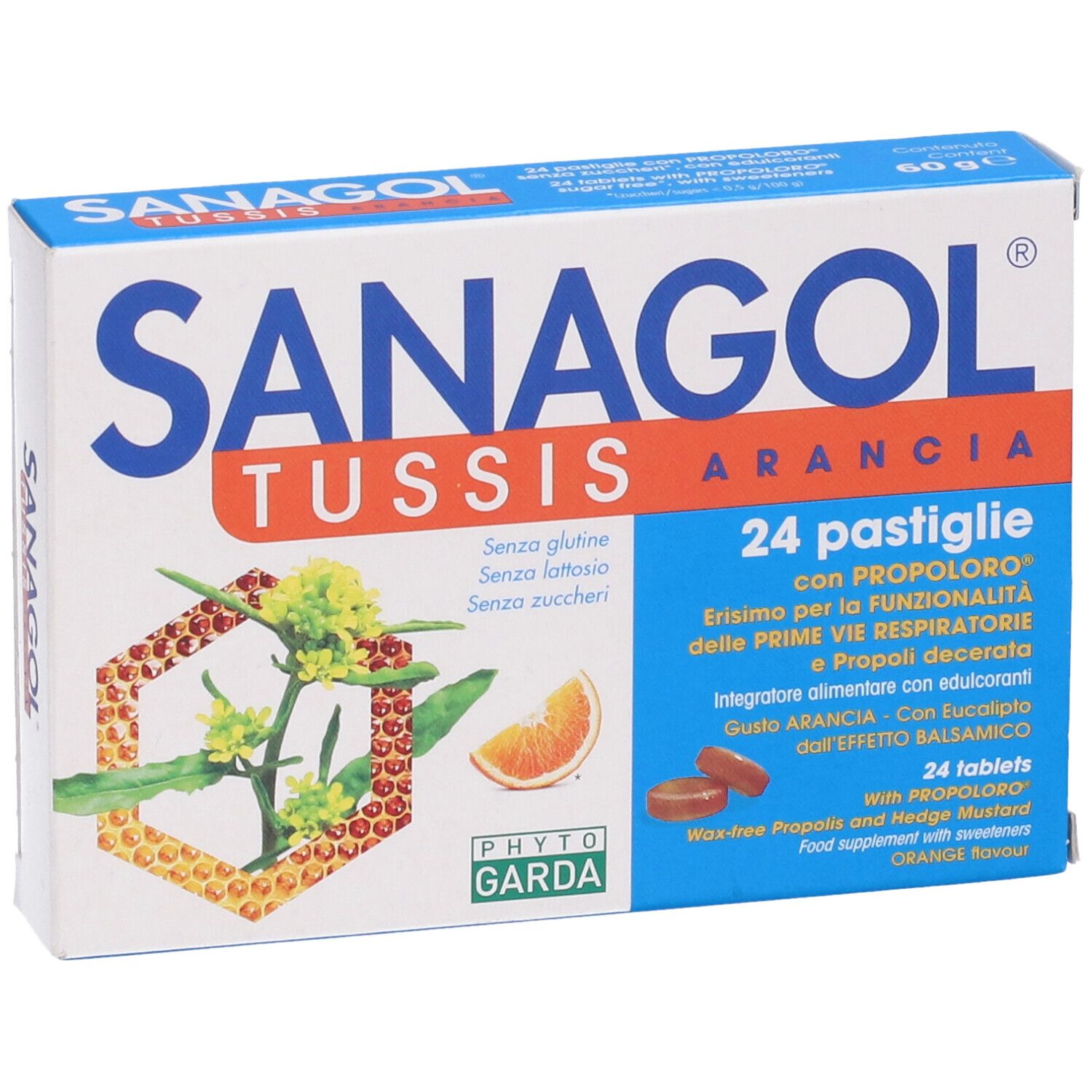 Confezione Sanagol Tussis Arancia. 24 pastiglie. Design arancione con nome del prodotto e illustrazioni.