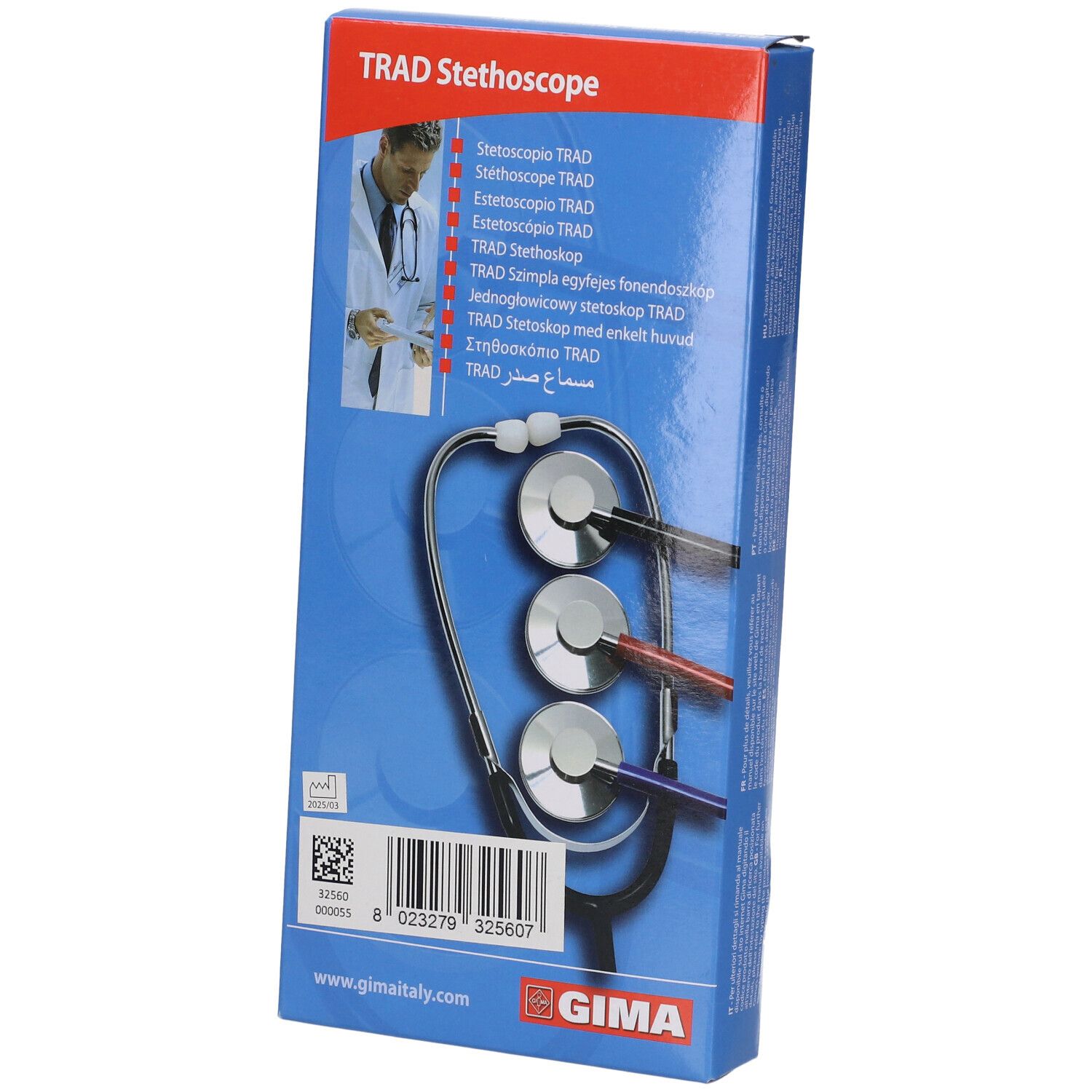 Verpackung mit drei Stethoskopen. Marke: TRAD Stethoskop. Rückseite mit Produktinformationen.