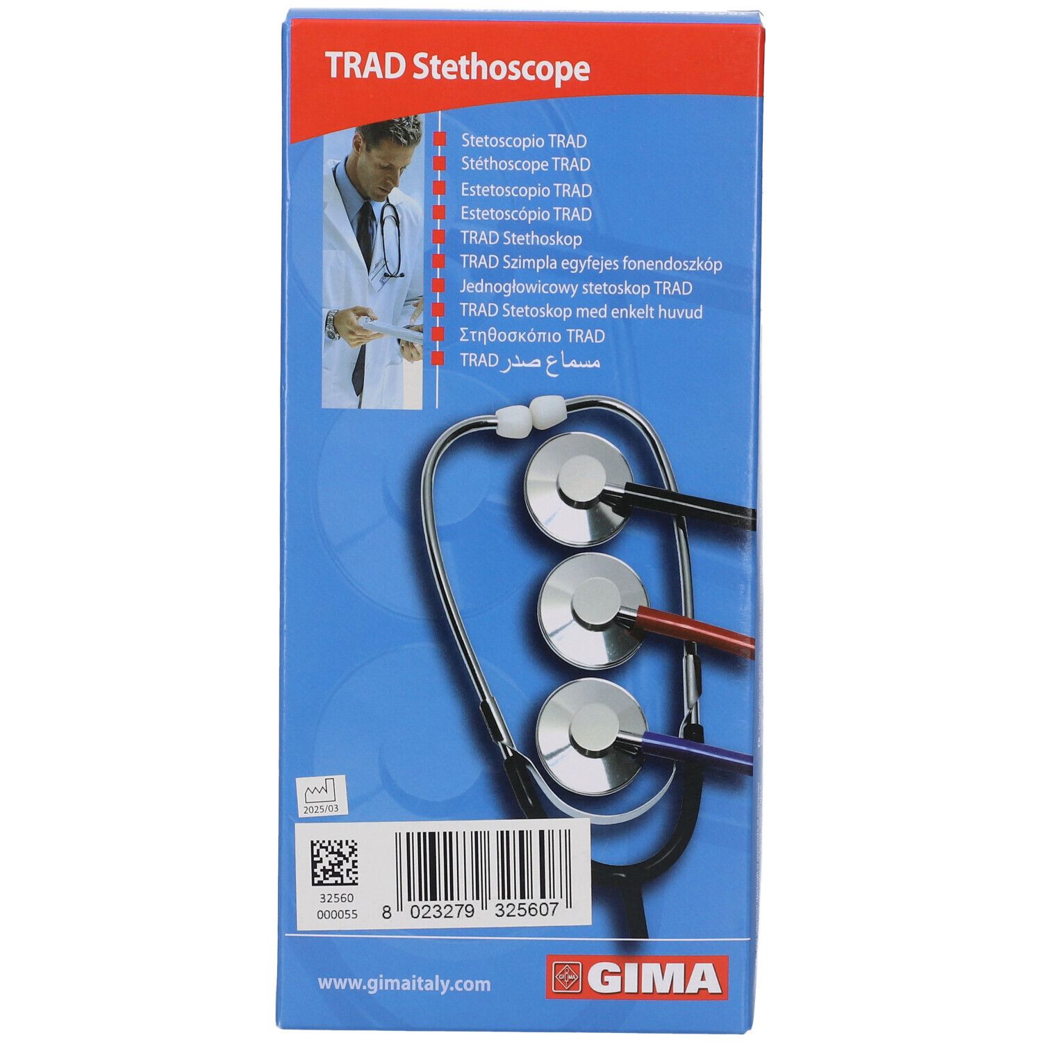 Verpackung mit drei Stethoskopen. Marke: TRAD Stethoskop. Rückseite mit Produktinformationen.