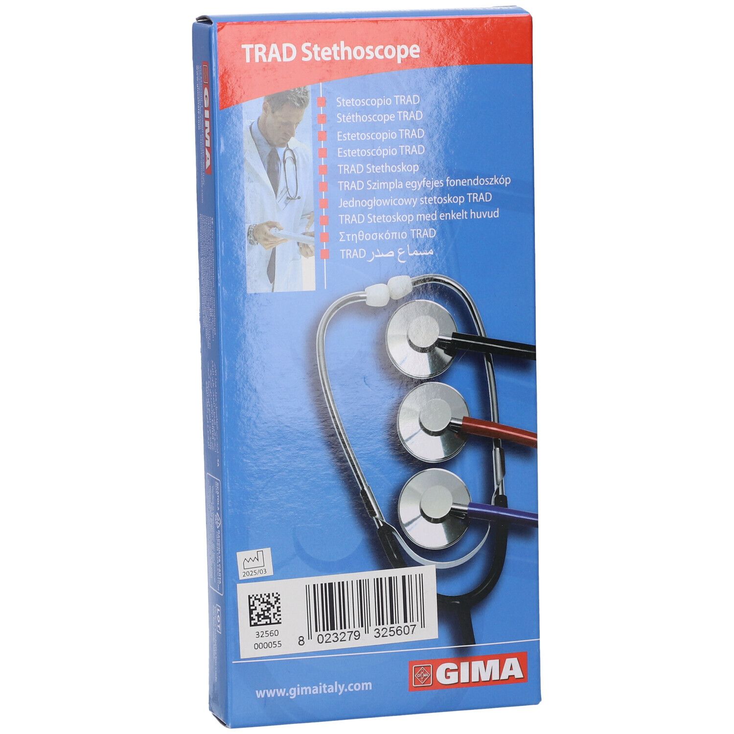 Verpackung mit drei Stethoskopen. Marke: TRAD Stethoskop. Rückseite mit Produktinformationen.