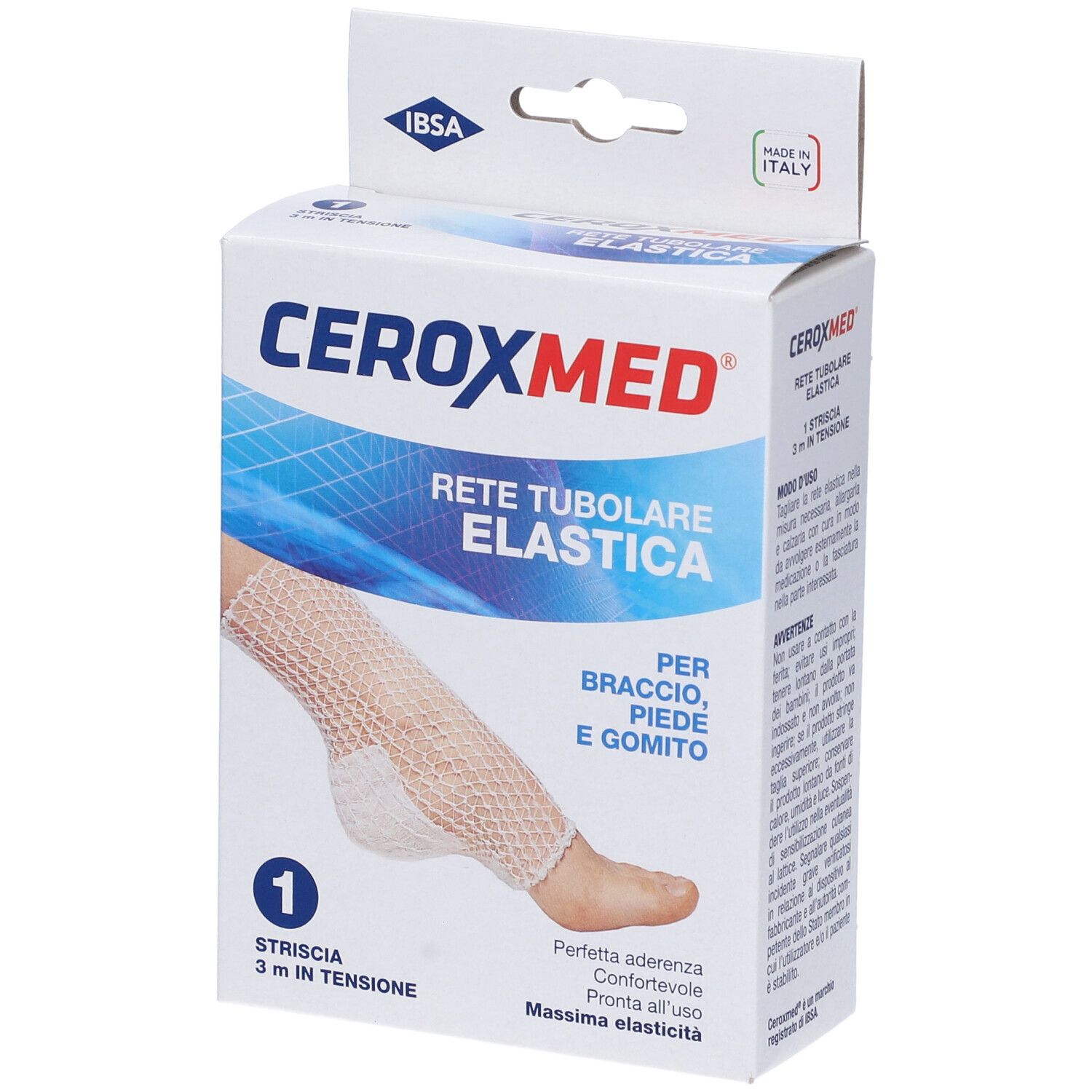 Confezione di Ceroxmed Rete Tubolare Elastica. Nome del prodotto e applicazione sulla confezione.