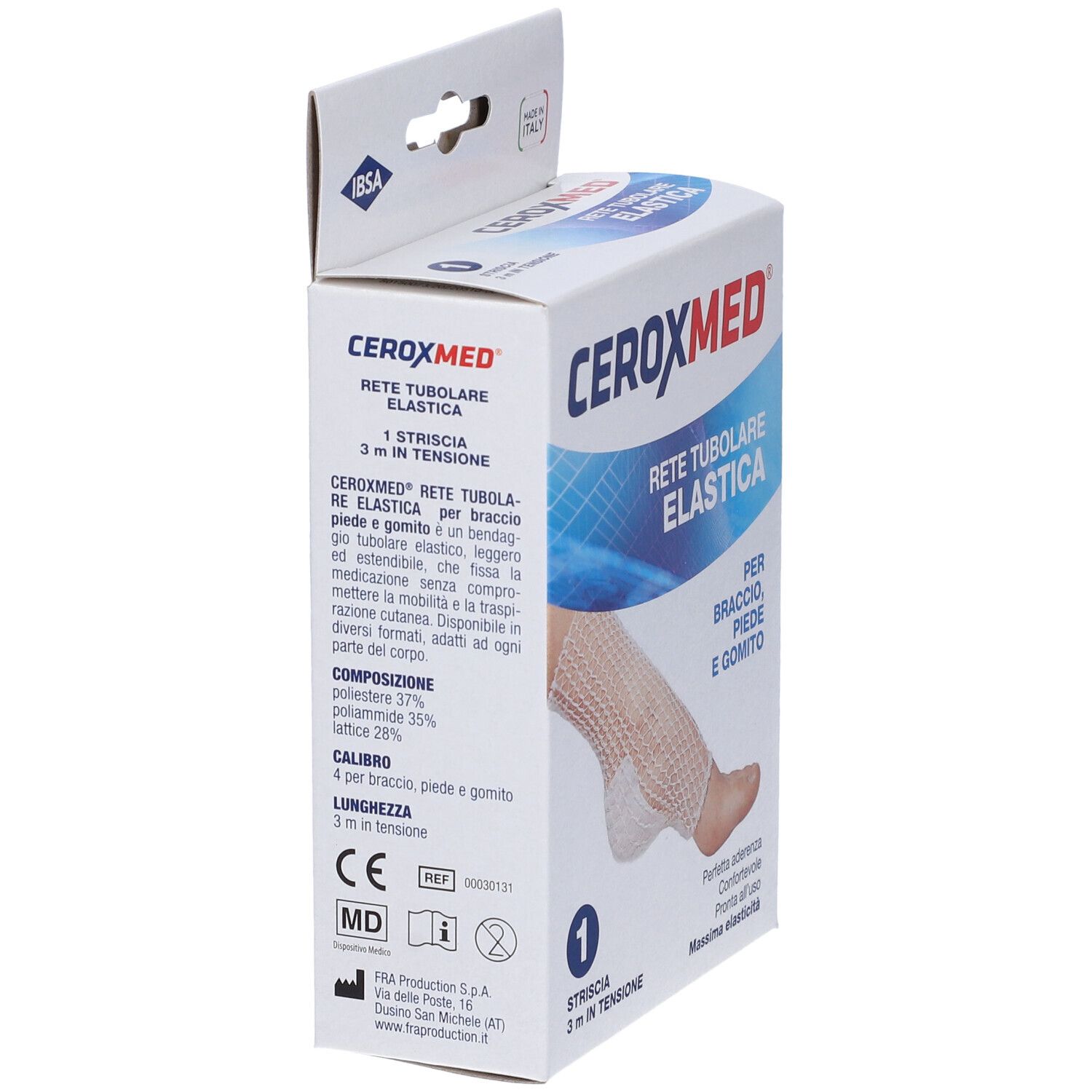 Confezione di Ceroxmed Rete Tubolare Elastica. Nome del prodotto e applicazione sulla confezione.
