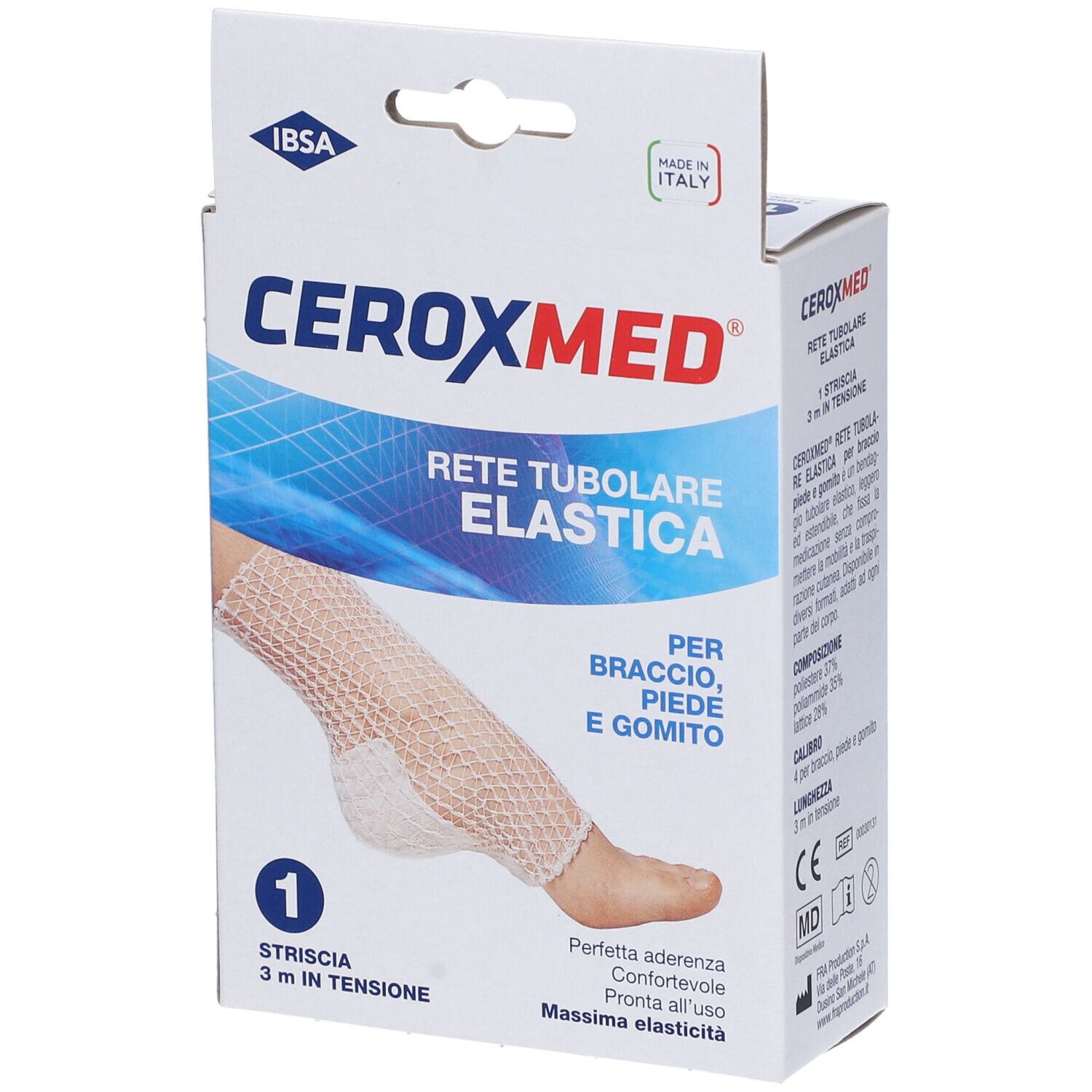 Confezione di Ceroxmed Rete Tubolare Elastica. Nome del prodotto e applicazione sulla confezione.