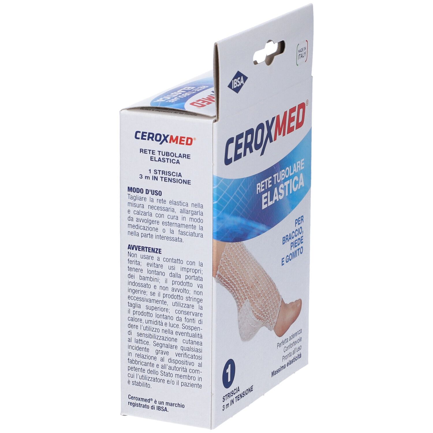 Confezione di Ceroxmed Rete Tubolare Elastica. Nome del prodotto e applicazione sulla confezione.