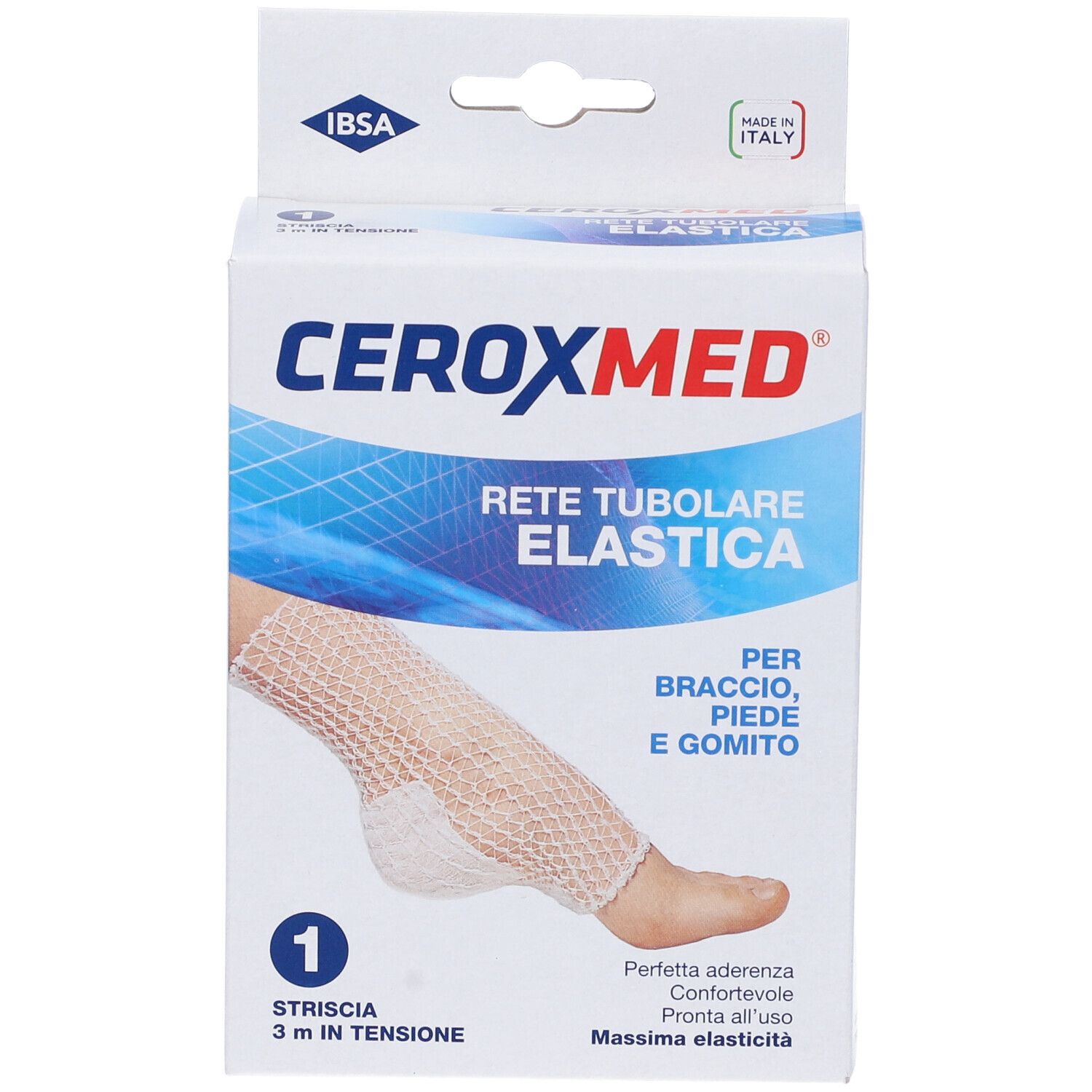 Confezione di Ceroxmed Rete Tubolare Elastica. Nome del prodotto e applicazione sulla confezione.