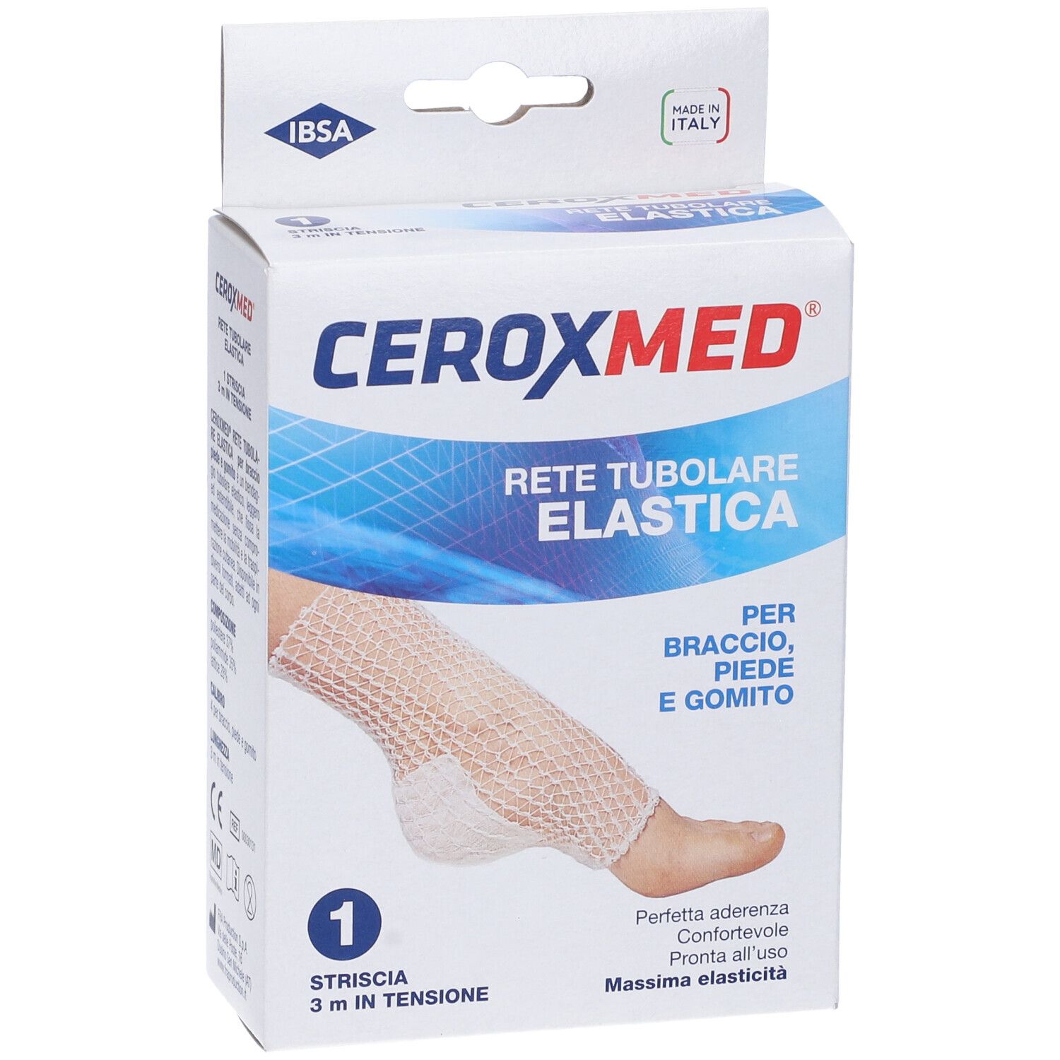 Confezione di Ceroxmed Rete Tubolare Elastica. Nome del prodotto e applicazione sulla confezione.