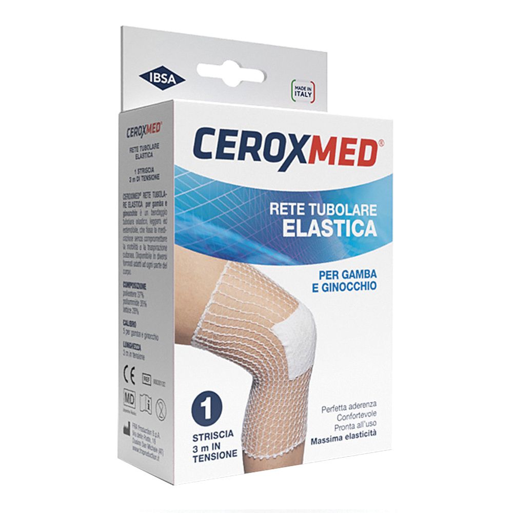 Confezione di Ceroxmed Rete Tubolare Elastica. Scritto: Rete Tubolare Elastica, per gamba e ginocchio. 1 striscia, 3 m.