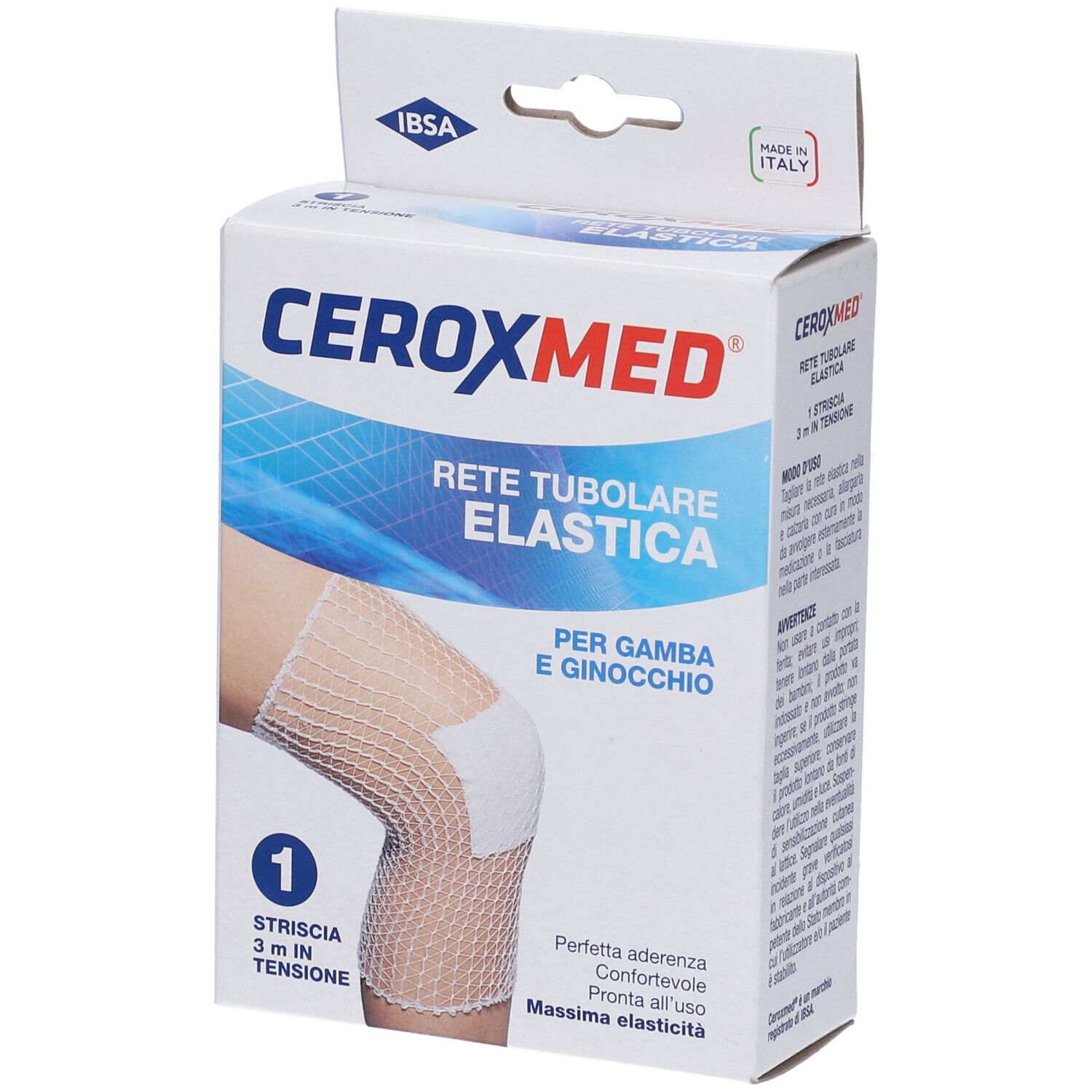 Confezione di Ceroxmed Rete Tubolare Elastica. Scritto: Rete Tubolare Elastica, per gamba e ginocchio. 1 striscia, 3 m.