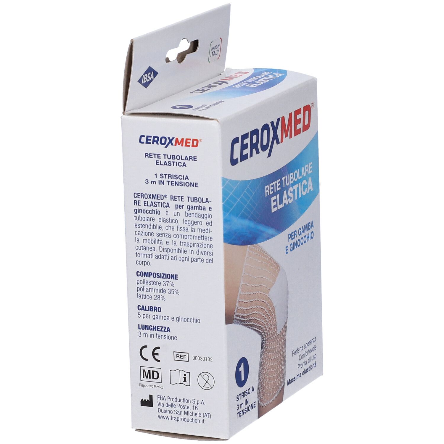 Confezione di Ceroxmed Rete Tubolare Elastica. Scritto: Rete Tubolare Elastica, per gamba e ginocchio. 1 striscia, 3 m.