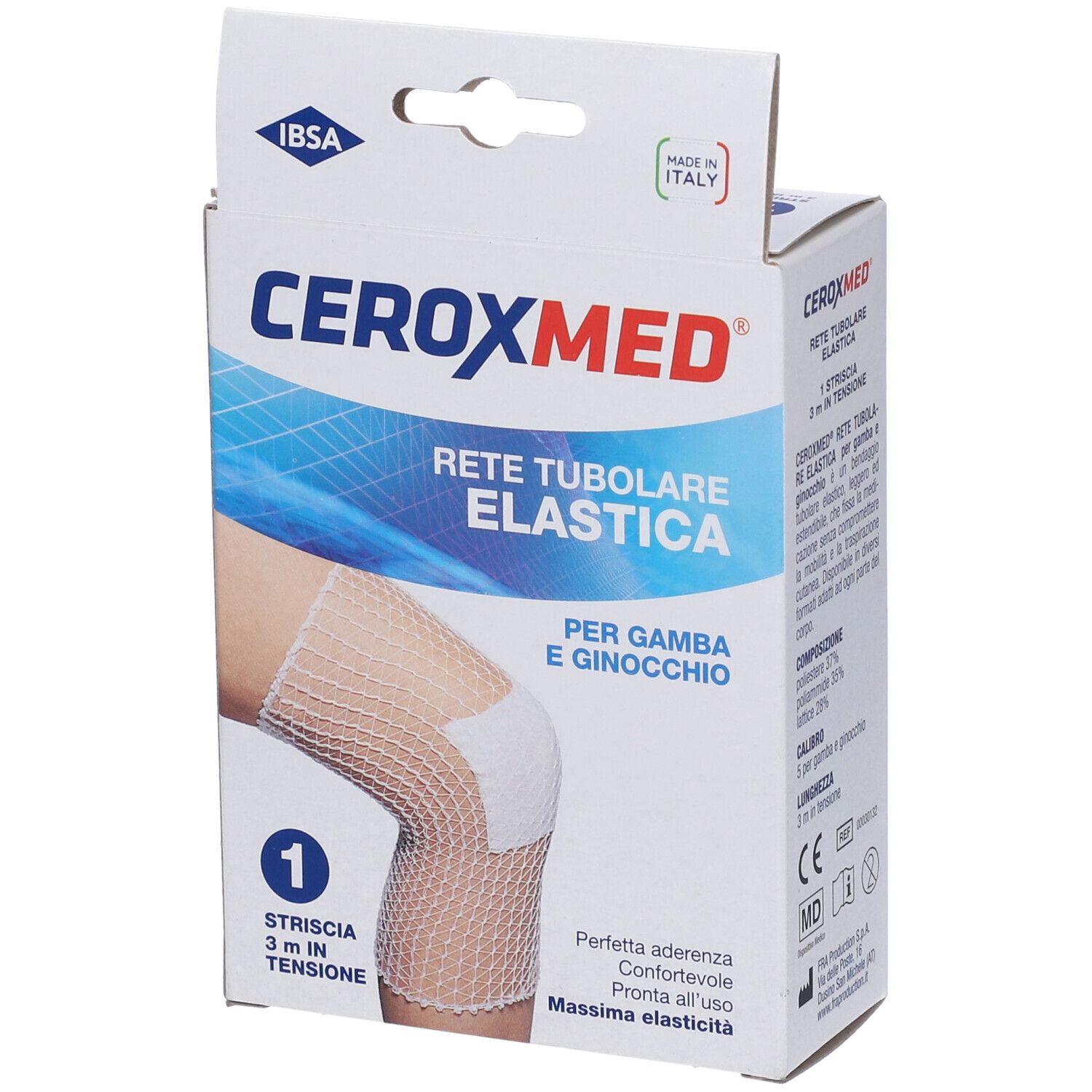 Confezione di Ceroxmed Rete Tubolare Elastica. Scritto: Rete Tubolare Elastica, per gamba e ginocchio. 1 striscia, 3 m.