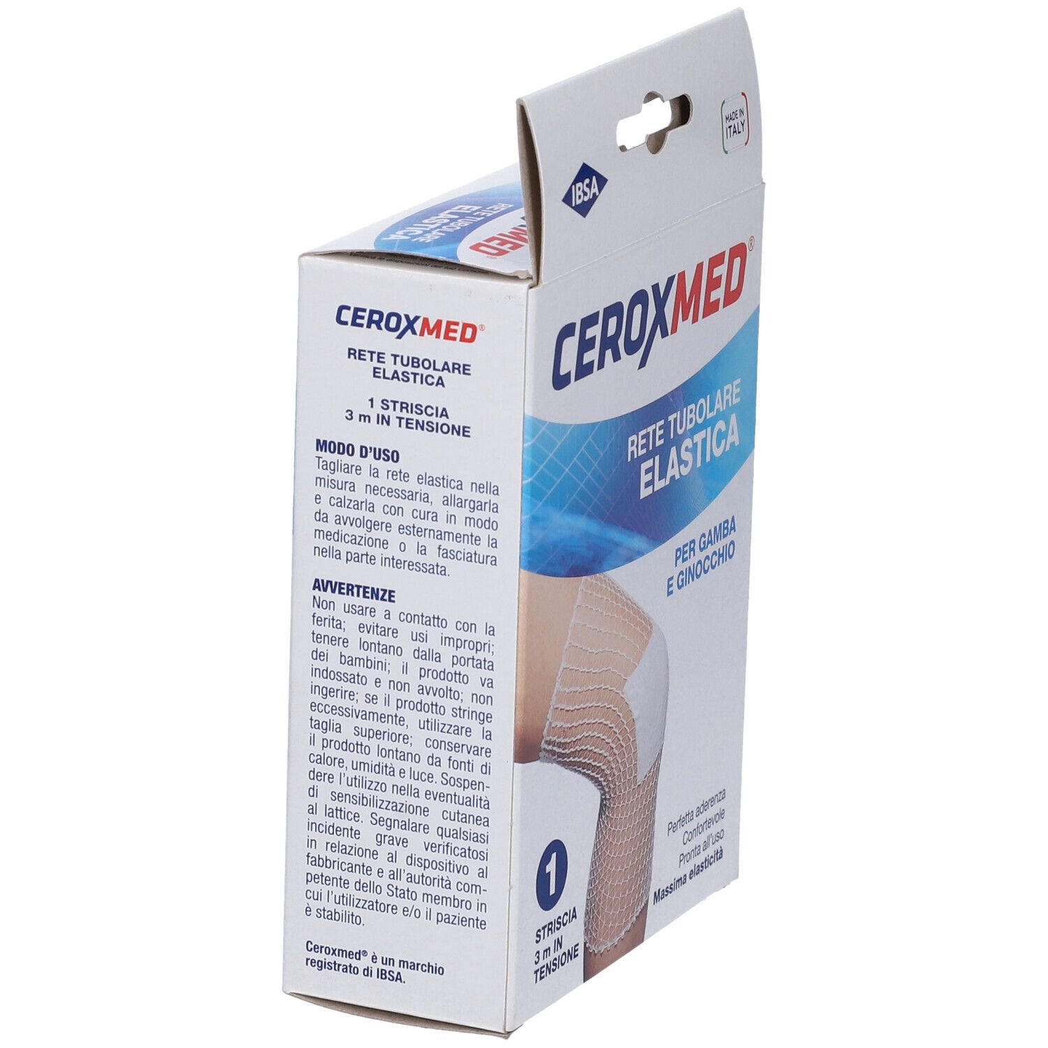 Confezione di Ceroxmed Rete Tubolare Elastica. Scritto: Rete Tubolare Elastica, per gamba e ginocchio. 1 striscia, 3 m.