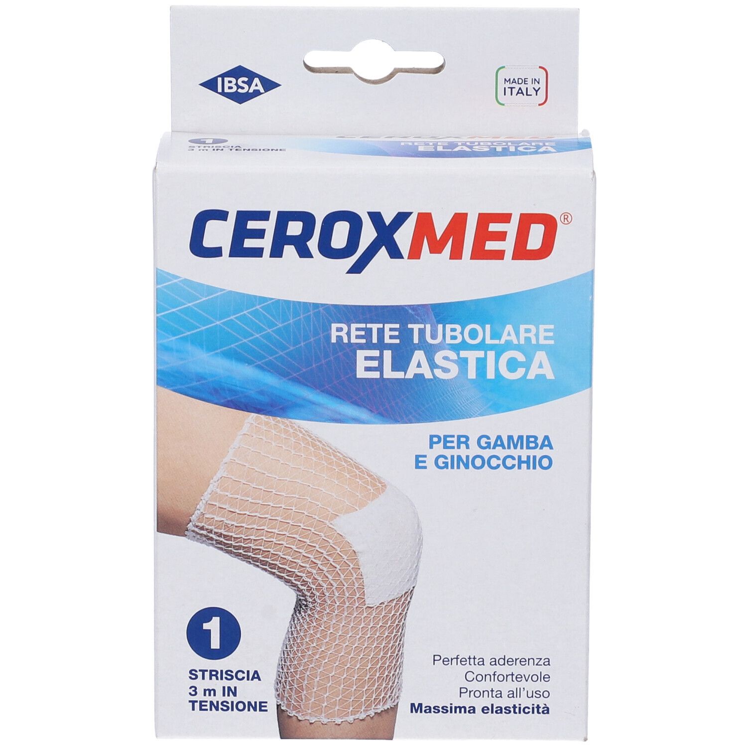 Confezione di Ceroxmed Rete Tubolare Elastica. Scritto: Rete Tubolare Elastica, per gamba e ginocchio. 1 striscia, 3 m.