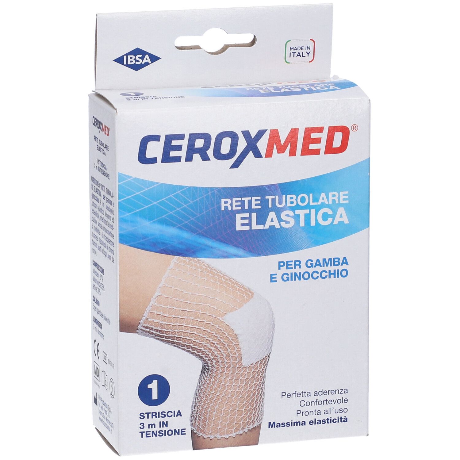Confezione di Ceroxmed Rete Tubolare Elastica. Scritto: Rete Tubolare Elastica, per gamba e ginocchio. 1 striscia, 3 m.