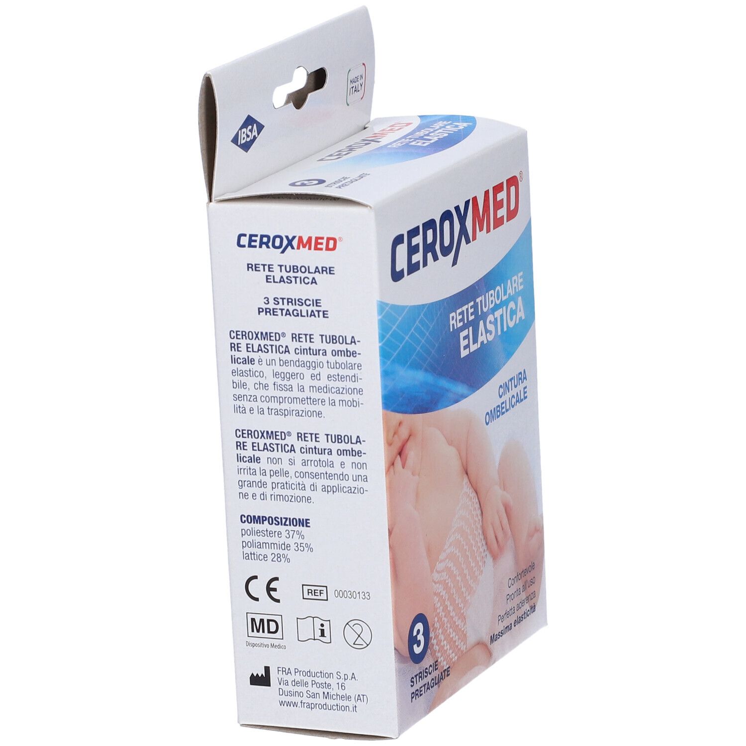 CEROXMED-Verpackung. Aufschrift: Rete Tubolare Elastica, Cintura Ombelicale. 3 vorgeschnittene Streifen. Babyabbildung.