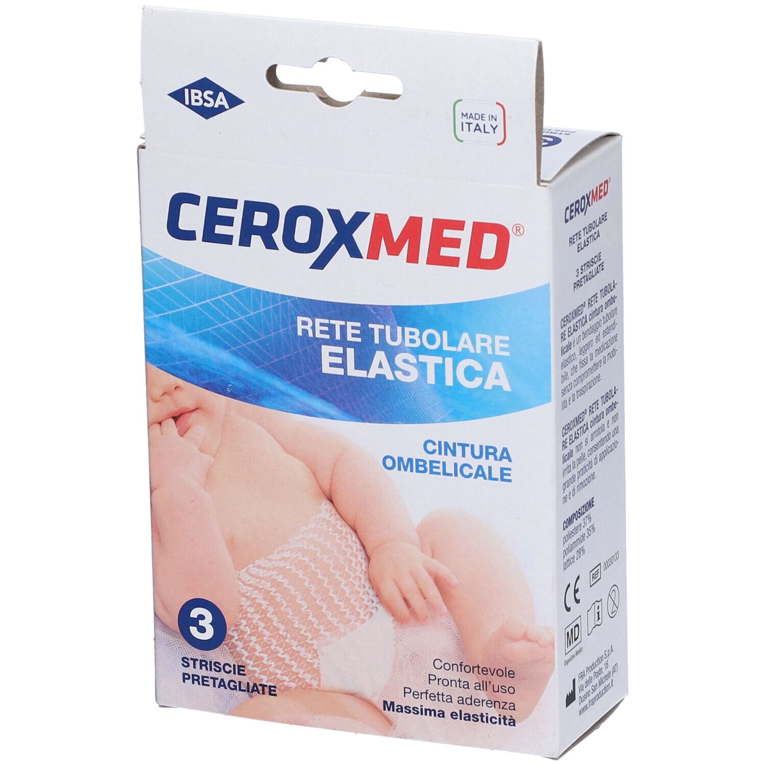 CEROXMED-Verpackung. Aufschrift: Rete Tubolare Elastica, Cintura Ombelicale. 3 vorgeschnittene Streifen. Babyabbildung.