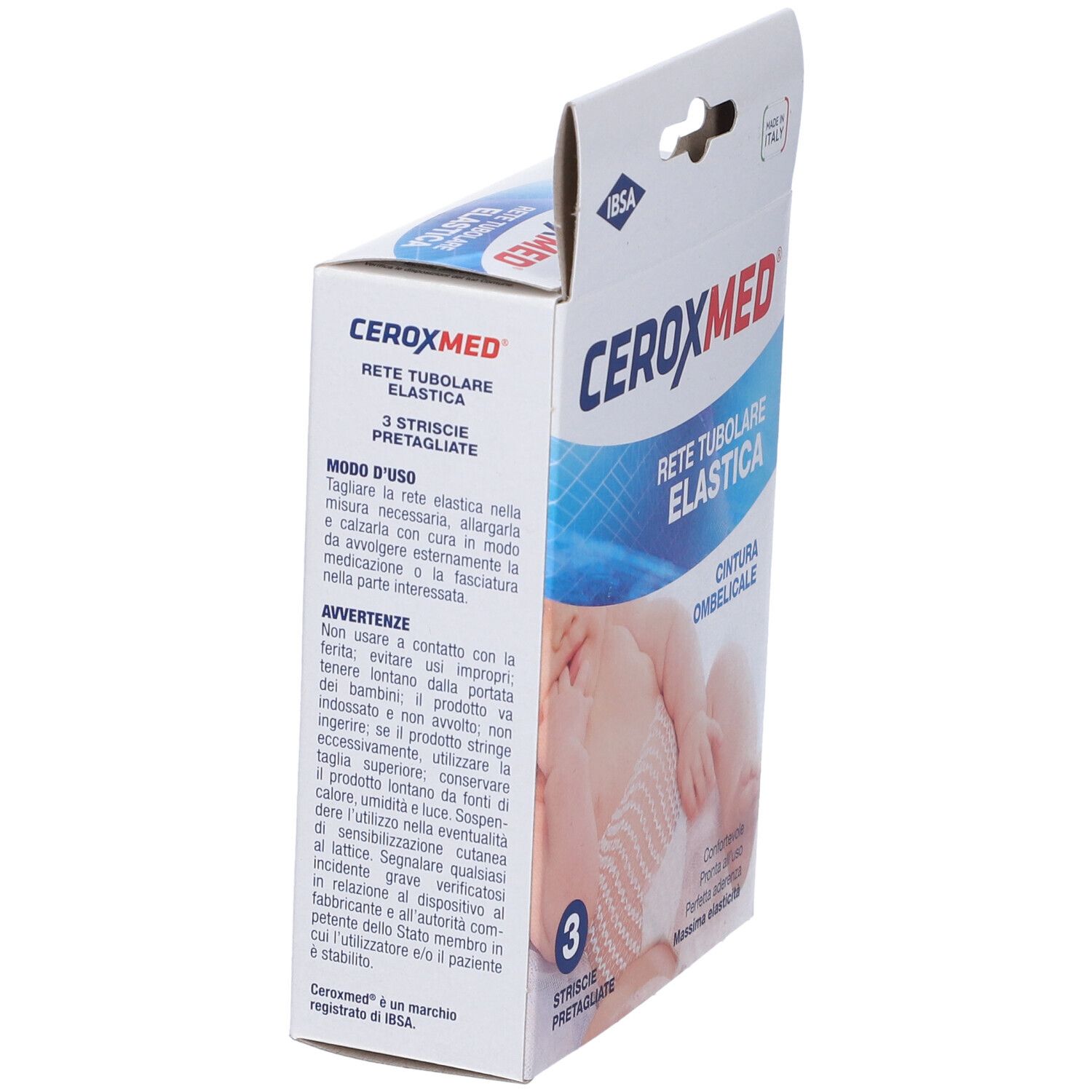 CEROXMED-Verpackung. Aufschrift: Rete Tubolare Elastica, Cintura Ombelicale. 3 vorgeschnittene Streifen. Babyabbildung.