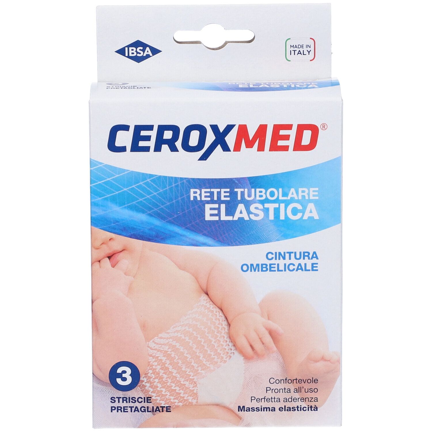 CEROXMED-Verpackung. Aufschrift: Rete Tubolare Elastica, Cintura Ombelicale. 3 vorgeschnittene Streifen. Babyabbildung.