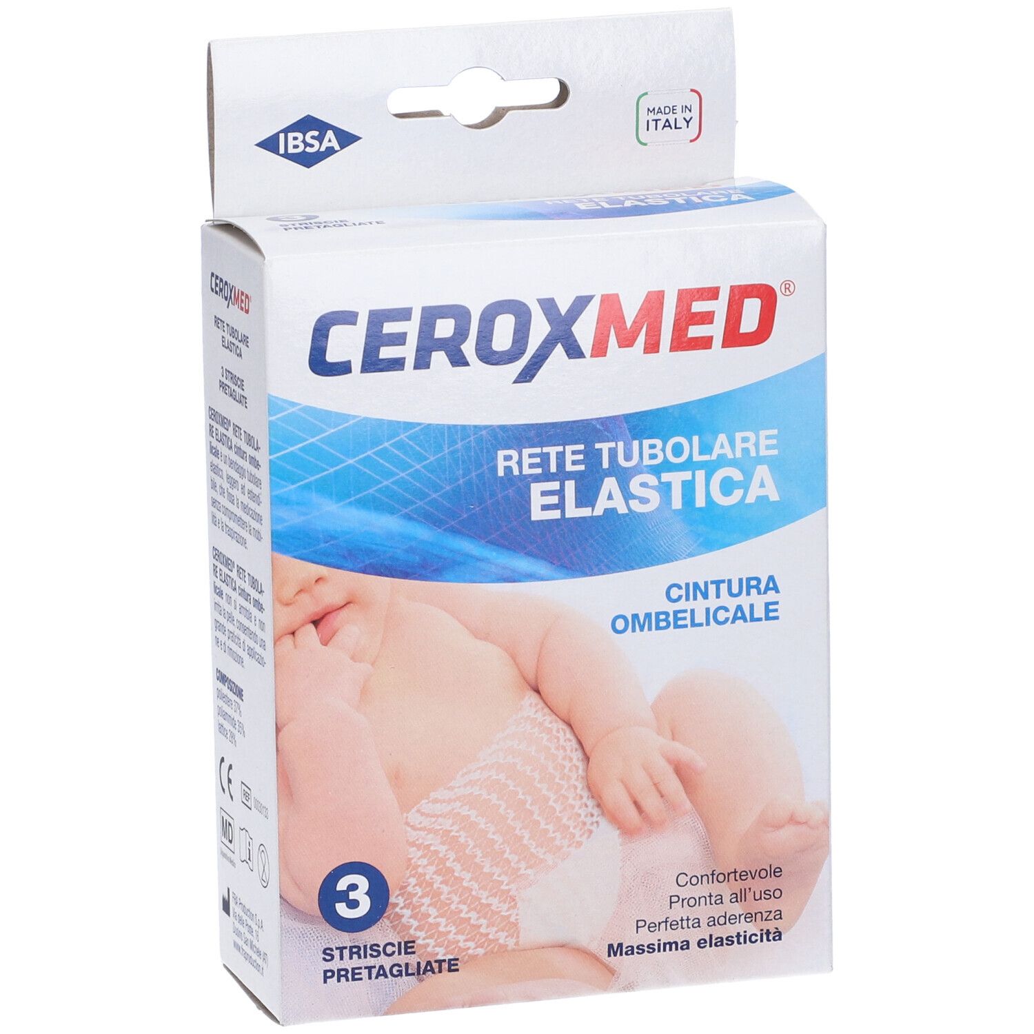 CEROXMED-Verpackung. Aufschrift: Rete Tubolare Elastica, Cintura Ombelicale. 3 vorgeschnittene Streifen. Babyabbildung.