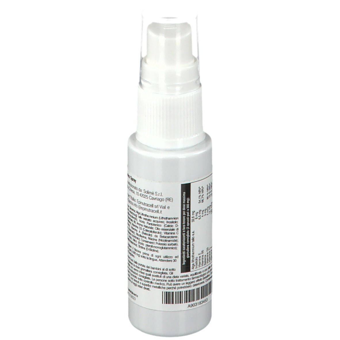 Weißes Sprayfläschchen mit Sprühkopf. Rückseite mit Produktinformationen und Barcode.