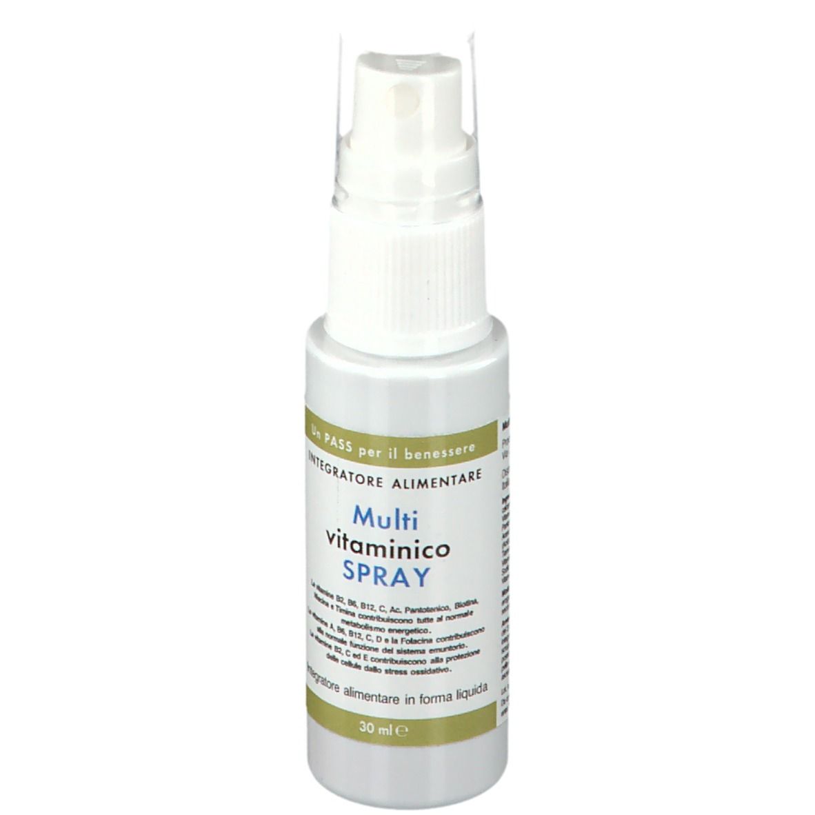 Weißes Sprayfläschchen mit Sprühkopf. Aufschrift: Multi vitaminico SPRAY. Etikett mit Produktinformationen.
