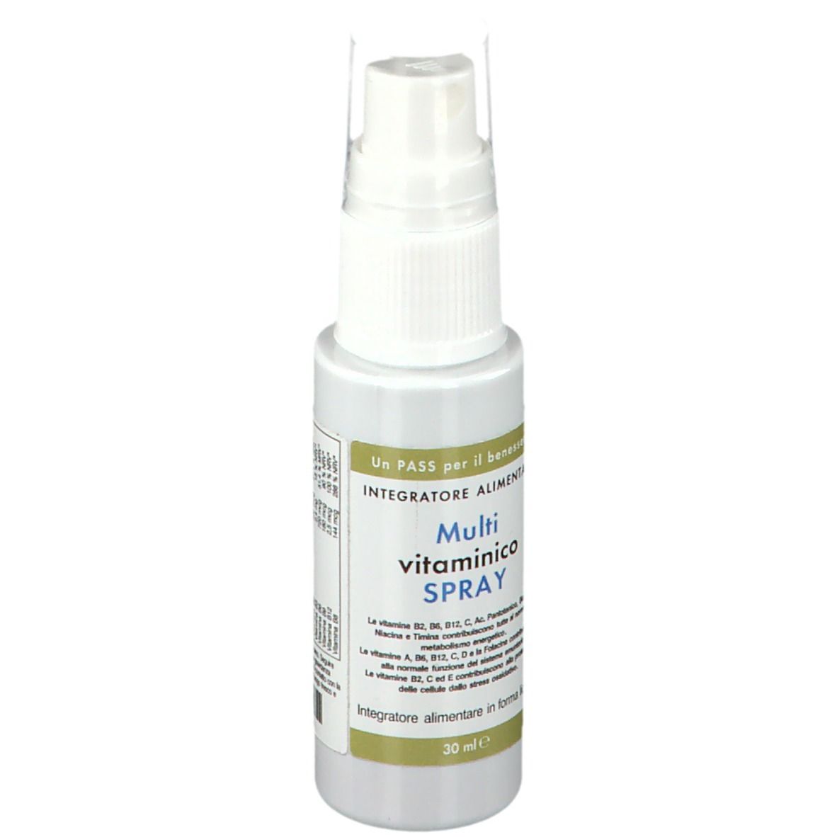 Weißes Sprayfläschchen mit Sprühkopf. Aufschrift: Multi vitaminico SPRAY. Etikett mit Produktinformationen.